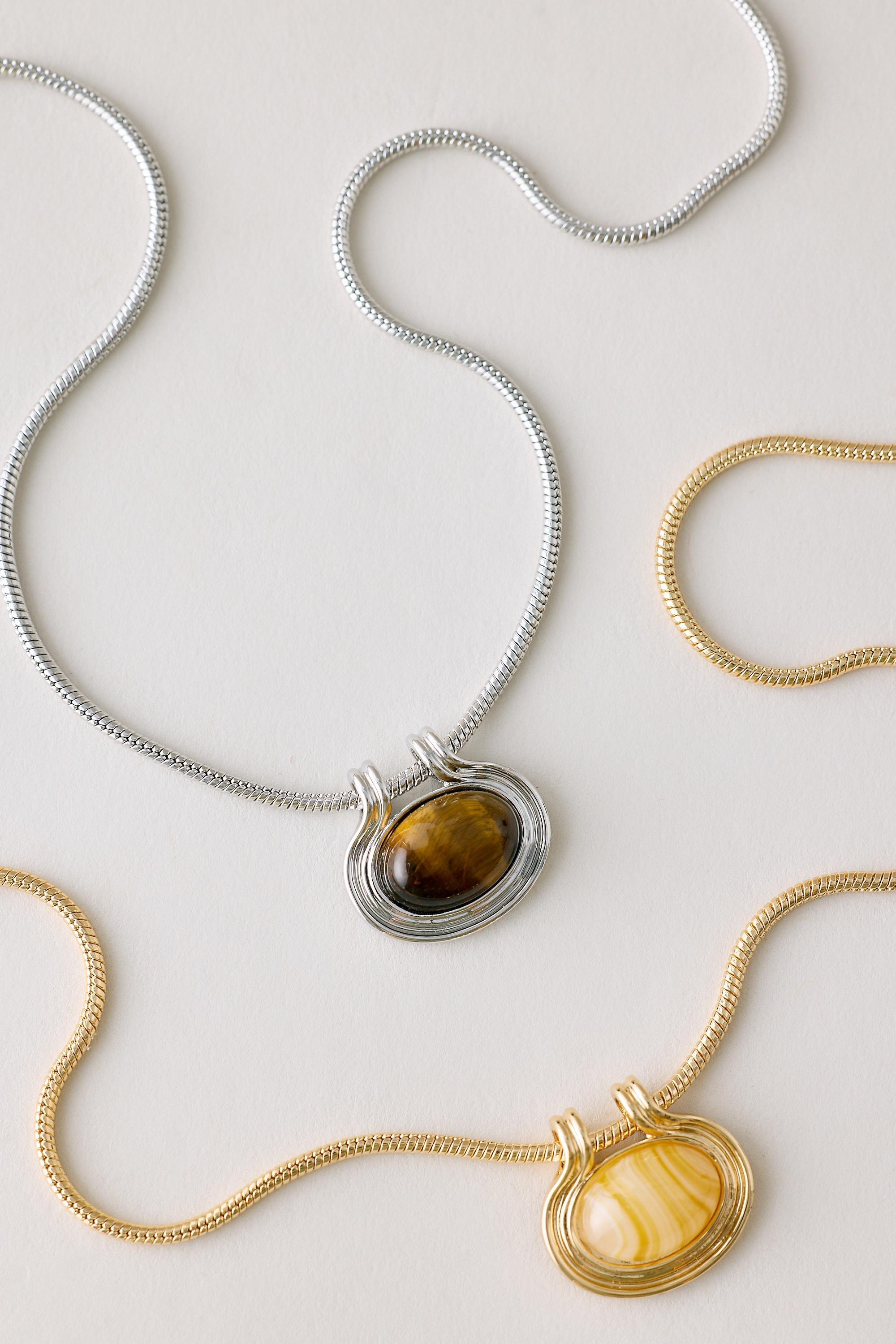 SILVER Anthropologie Stone Pendant Chain Necklace, Silver, medium