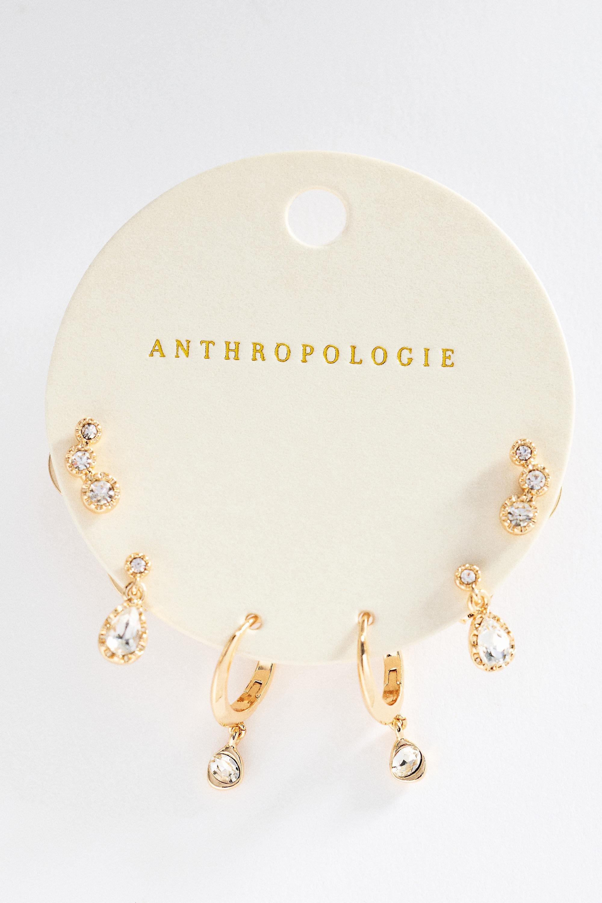 Hoop Earrings, Set Of 3, Gold, Gold, medium
