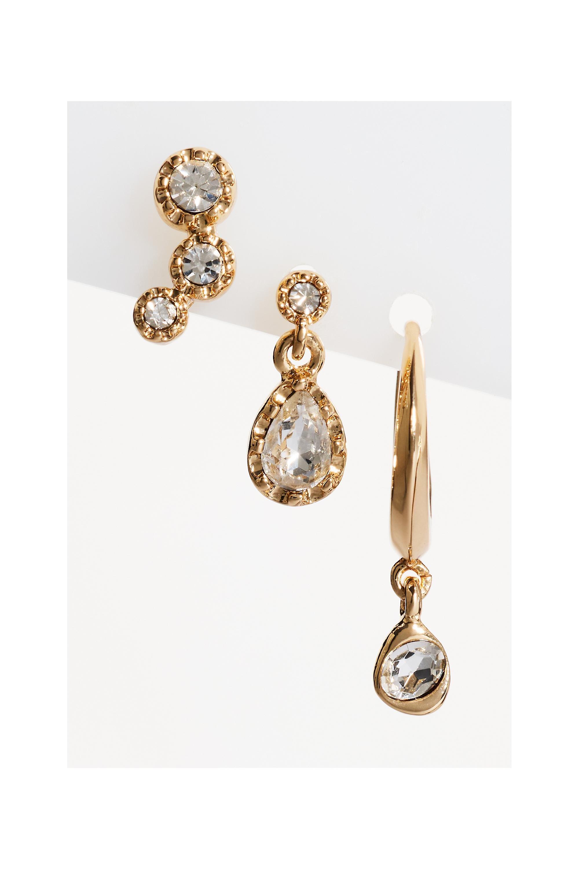Hoop Earrings, Set Of 3, Gold, Gold, medium
