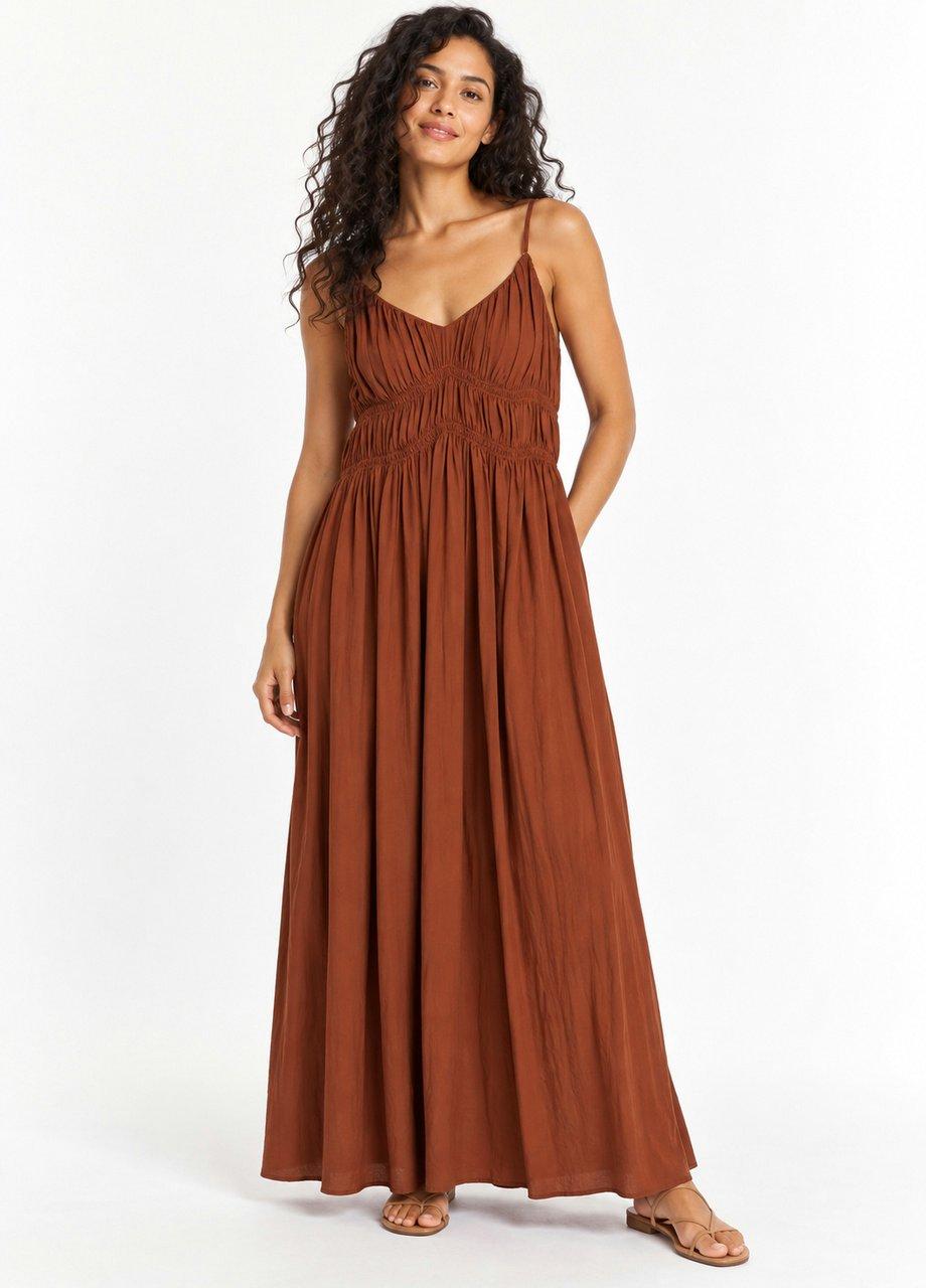 Smocked Strappy Maxi Dress, Brown, Orange, medium