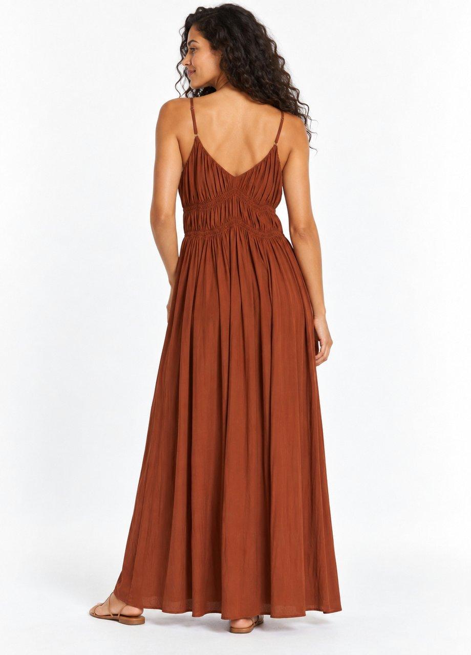 Smocked Strappy Maxi Dress, Brown, Orange, medium