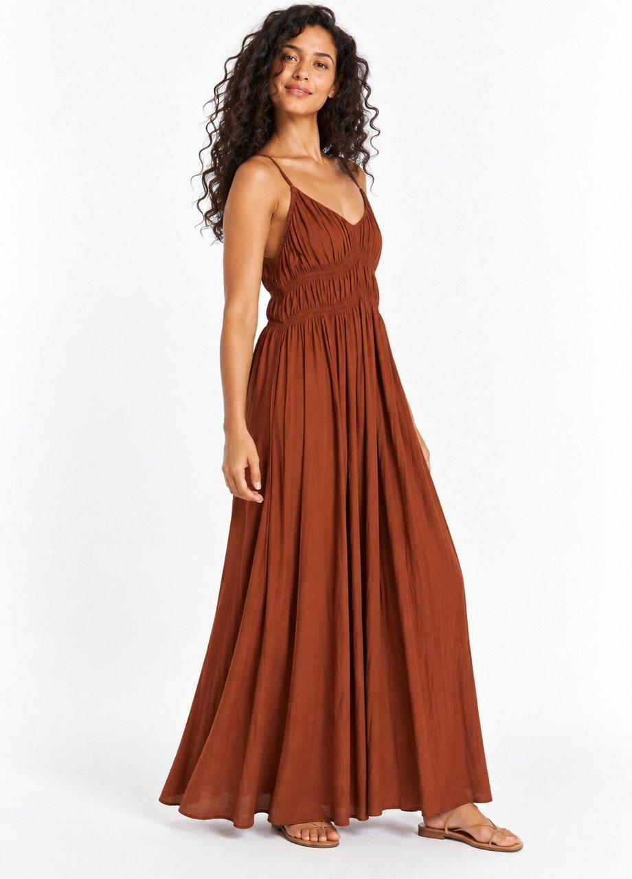 Smocked Strappy Maxi Dress, Brown, Orange, medium