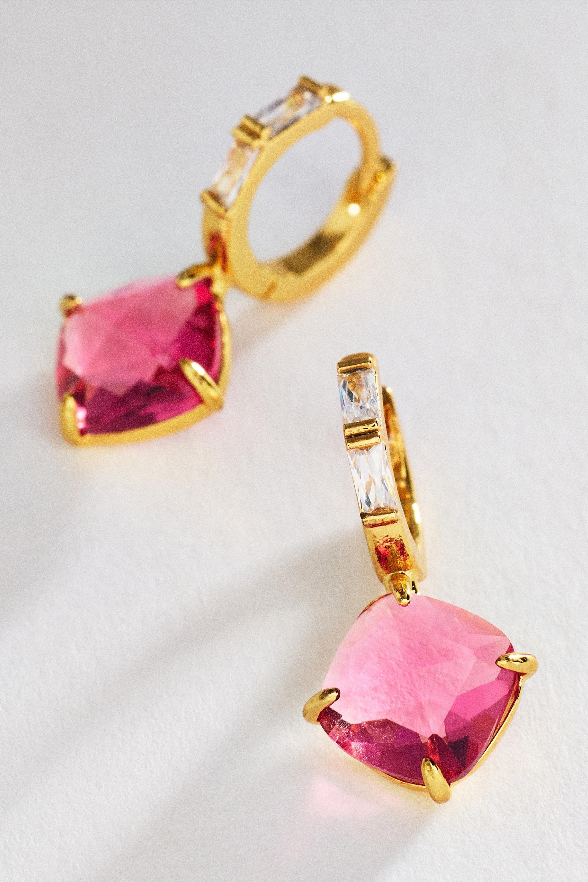 Gemstone Huggie Hoop Earrings, Red, Pink, large image number 0