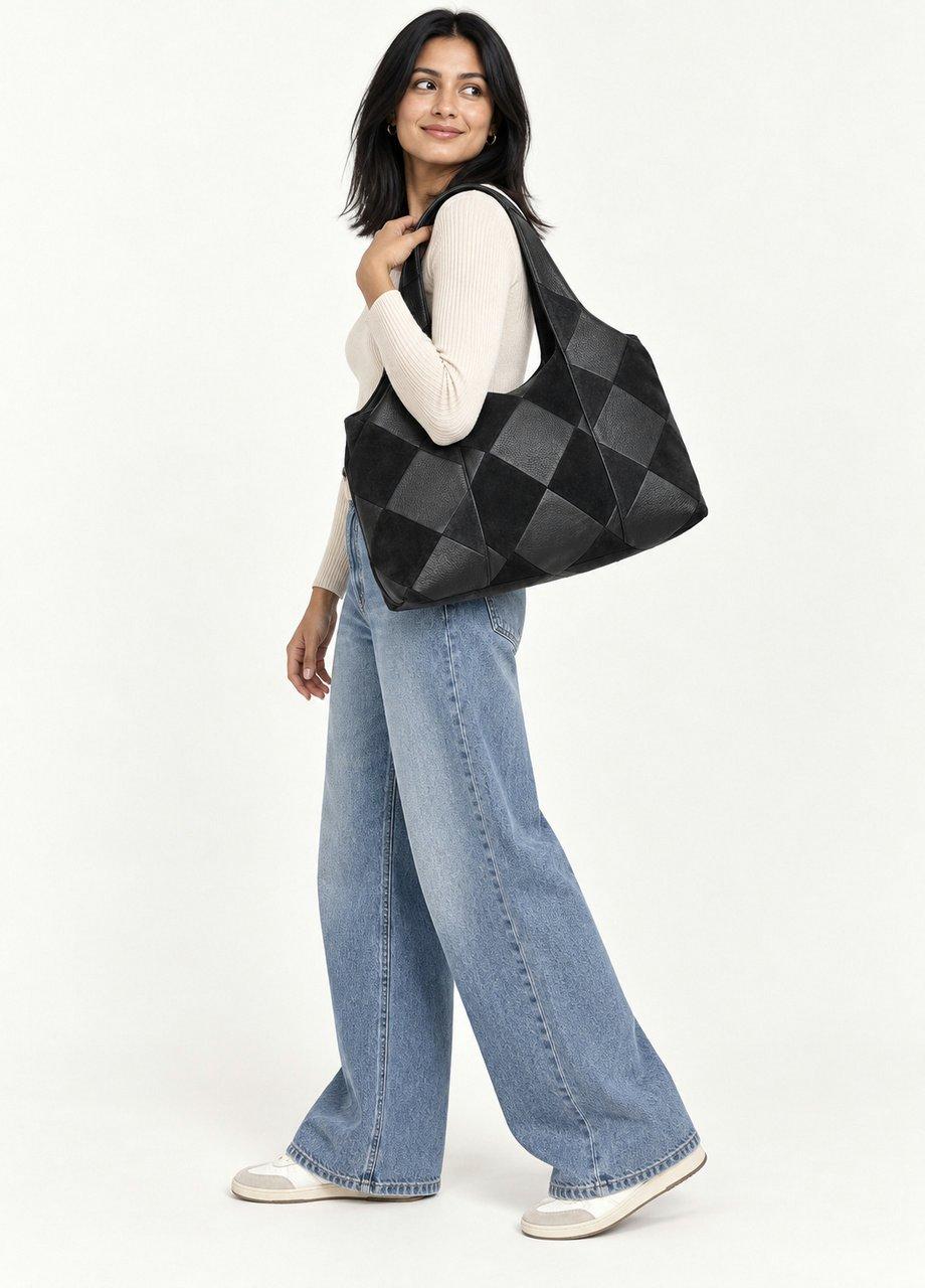 Patchwork Shoulder Bag, Black, Black, large image number 2