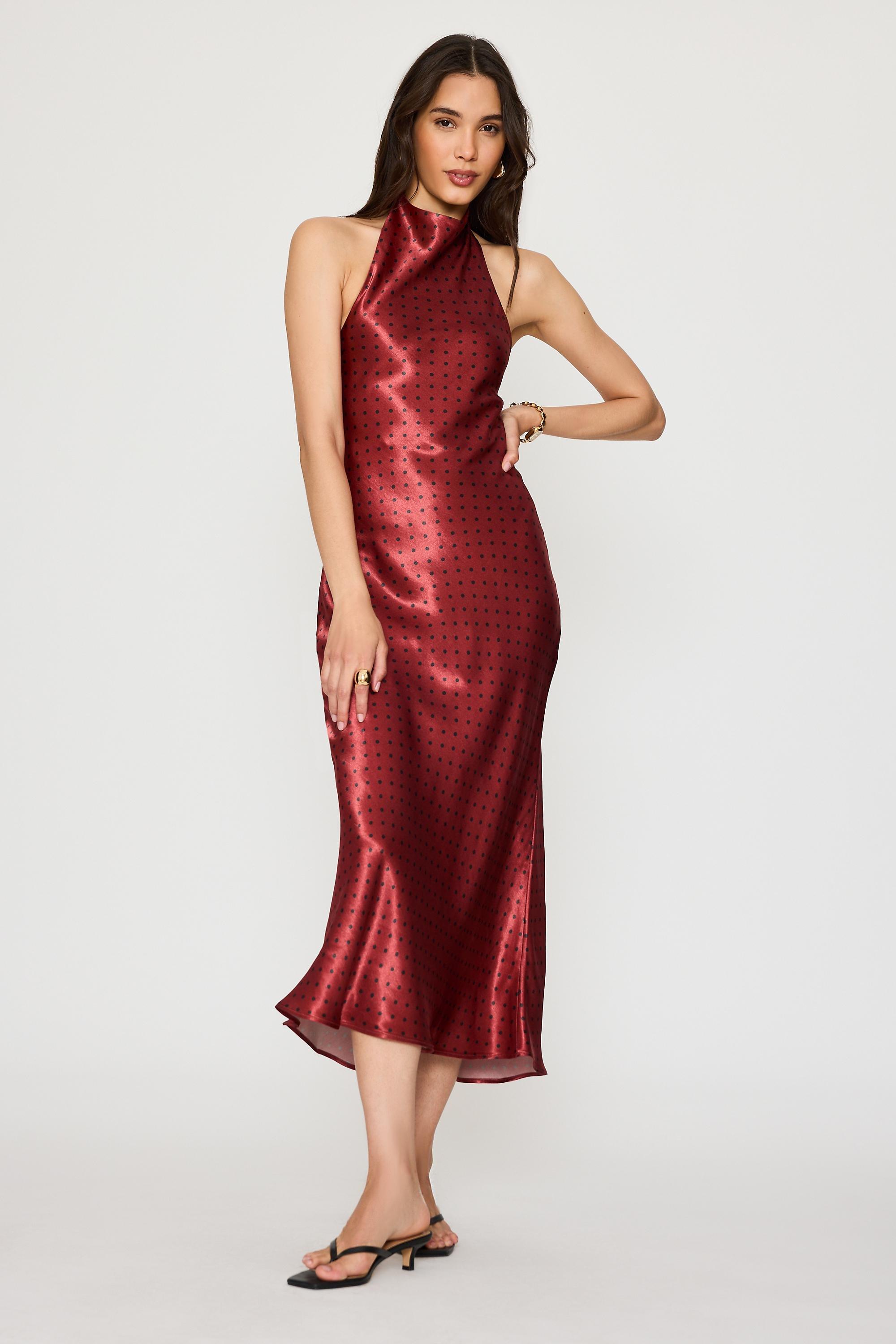 By Anthropologie Halter Satin Midi Slip Dress, Burgundy, medium