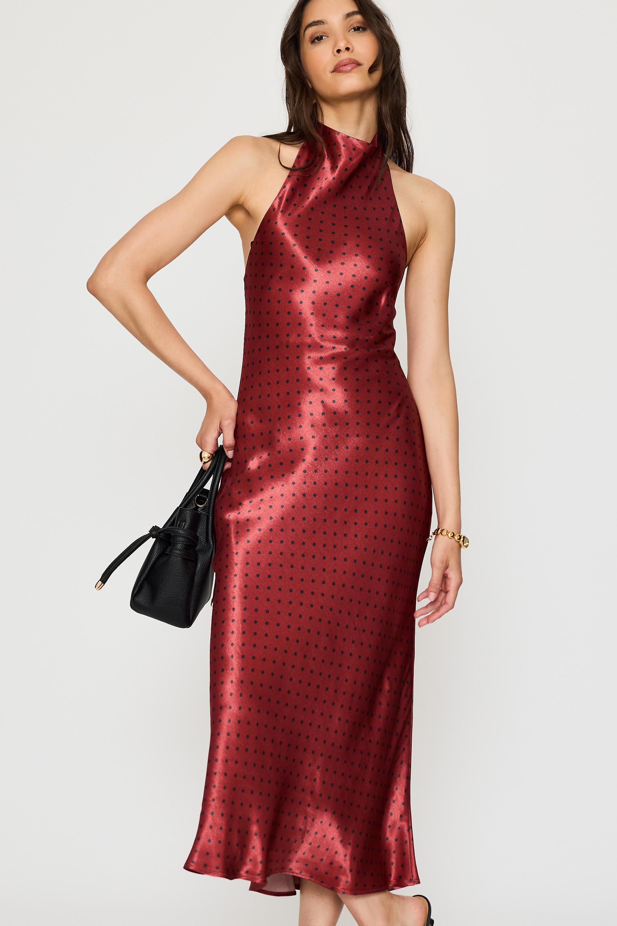 By Anthropologie Halter Satin Midi Slip Dress, Burgundy, large image number 3