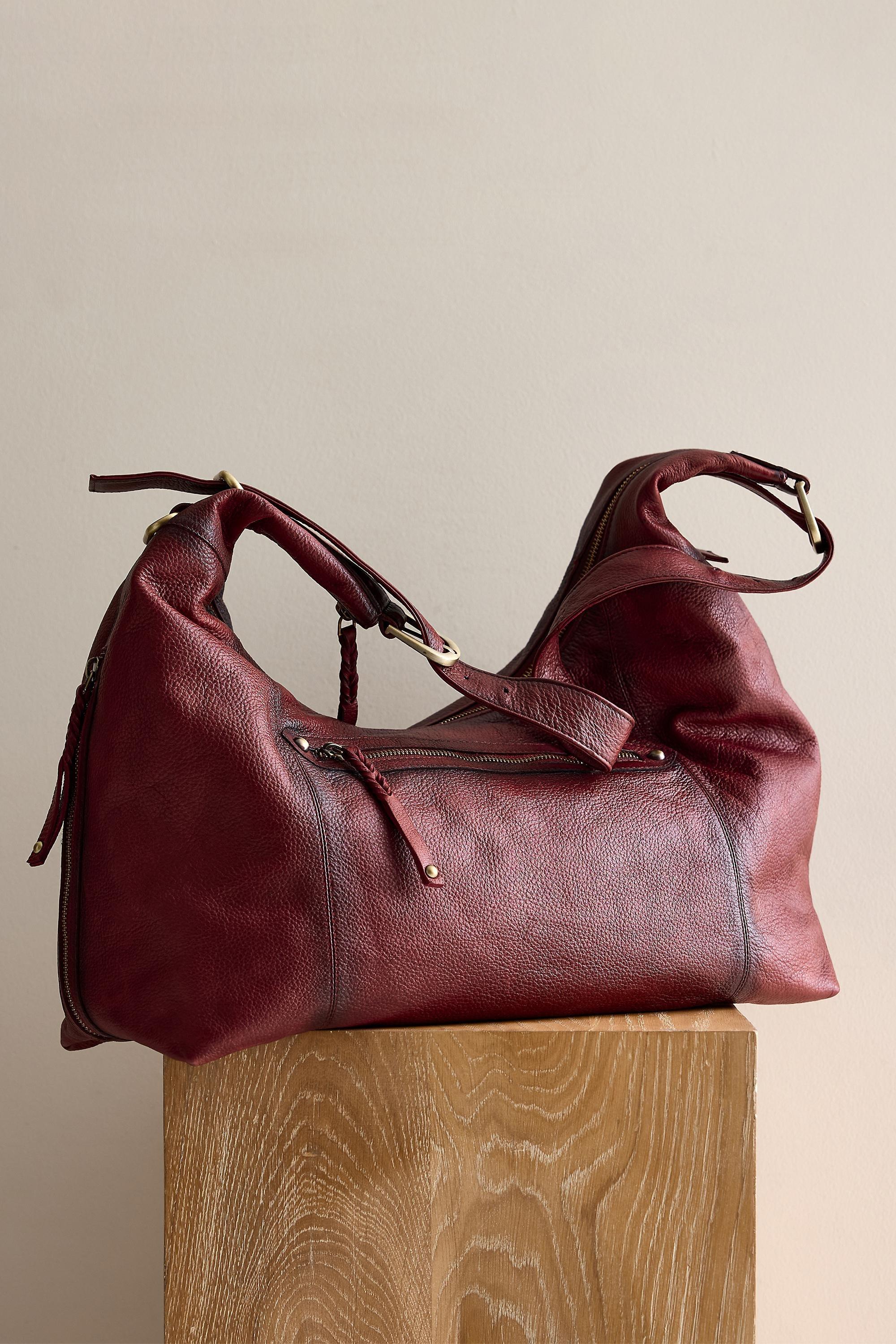 Distressed Leather Shoulder Bag, Red, Burgundy, large image number 0