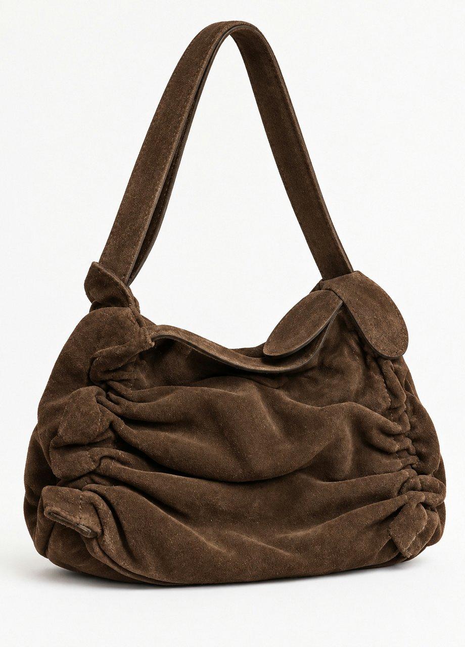 Gathered Suede Shoulder Bag, Brown, Brown, medium