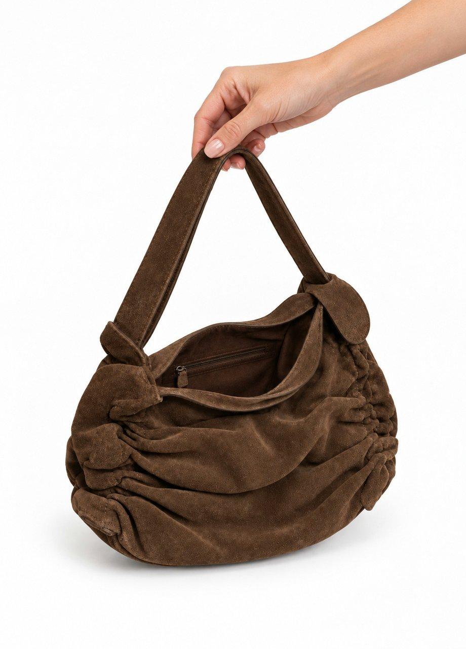 Gathered Suede Shoulder Bag, Brown, Brown, medium