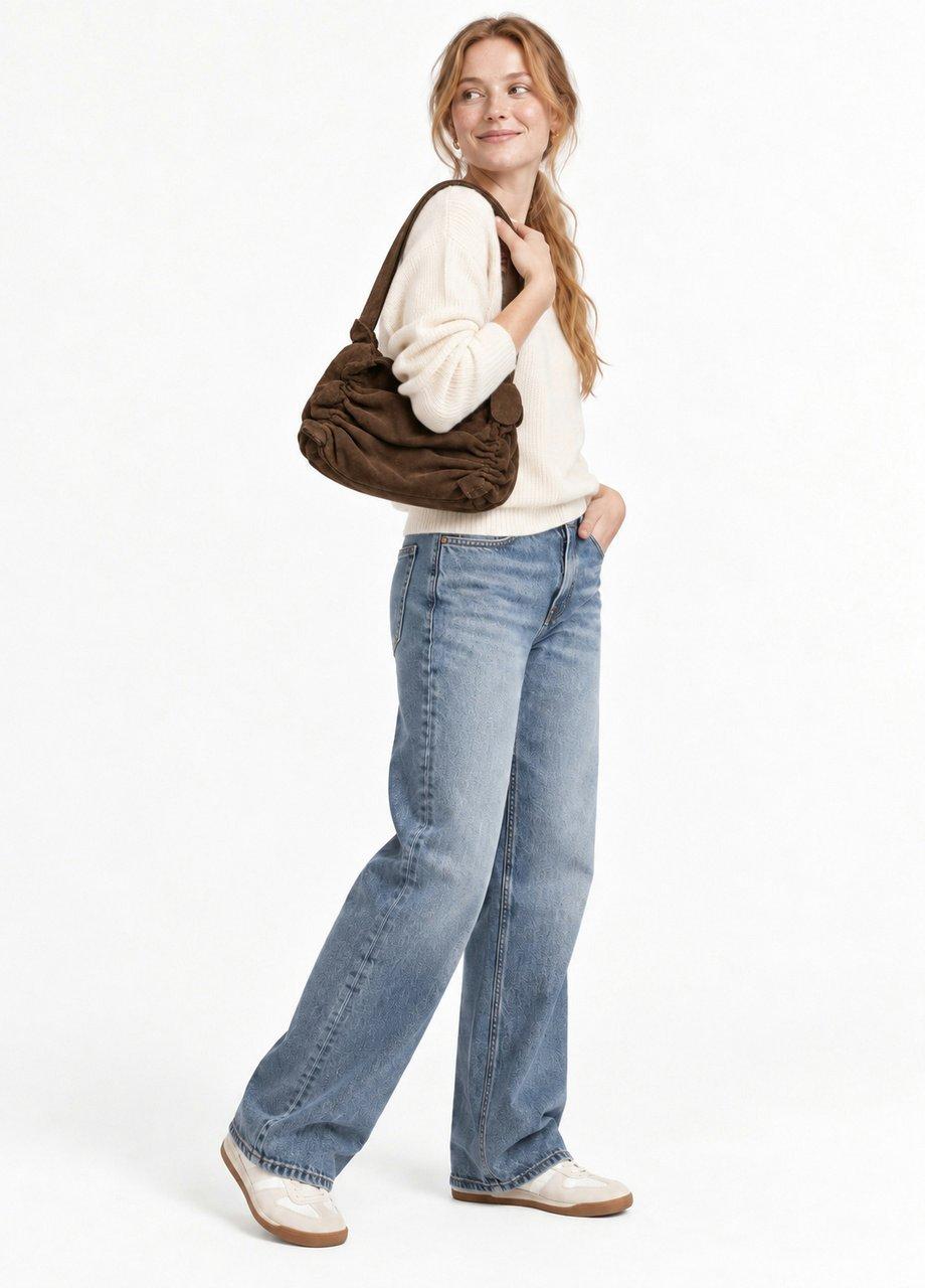 Gathered Suede Shoulder Bag, Brown, Brown, large image number 2