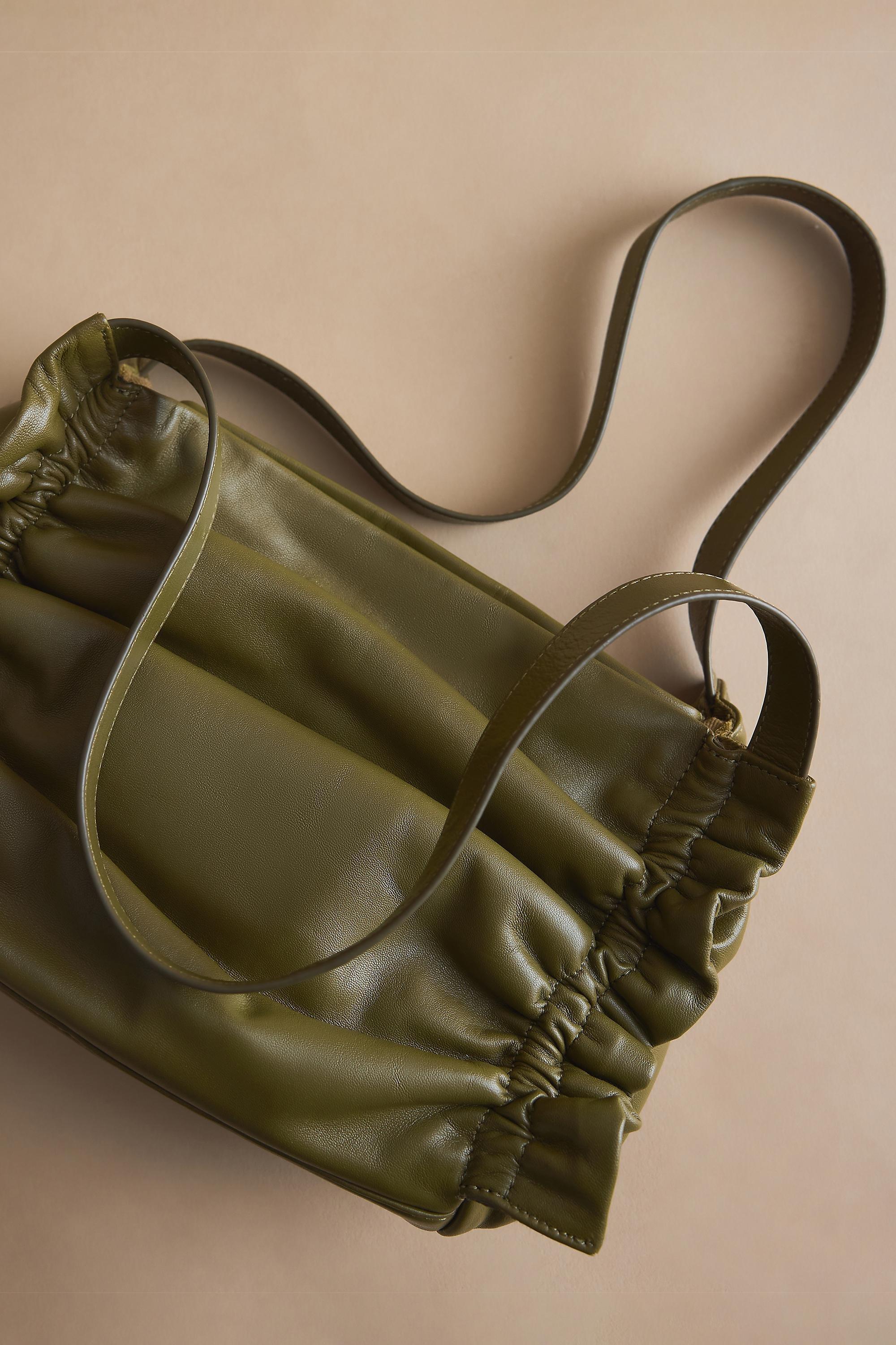 Ruched Leather Shoulder Bag, Green, medium