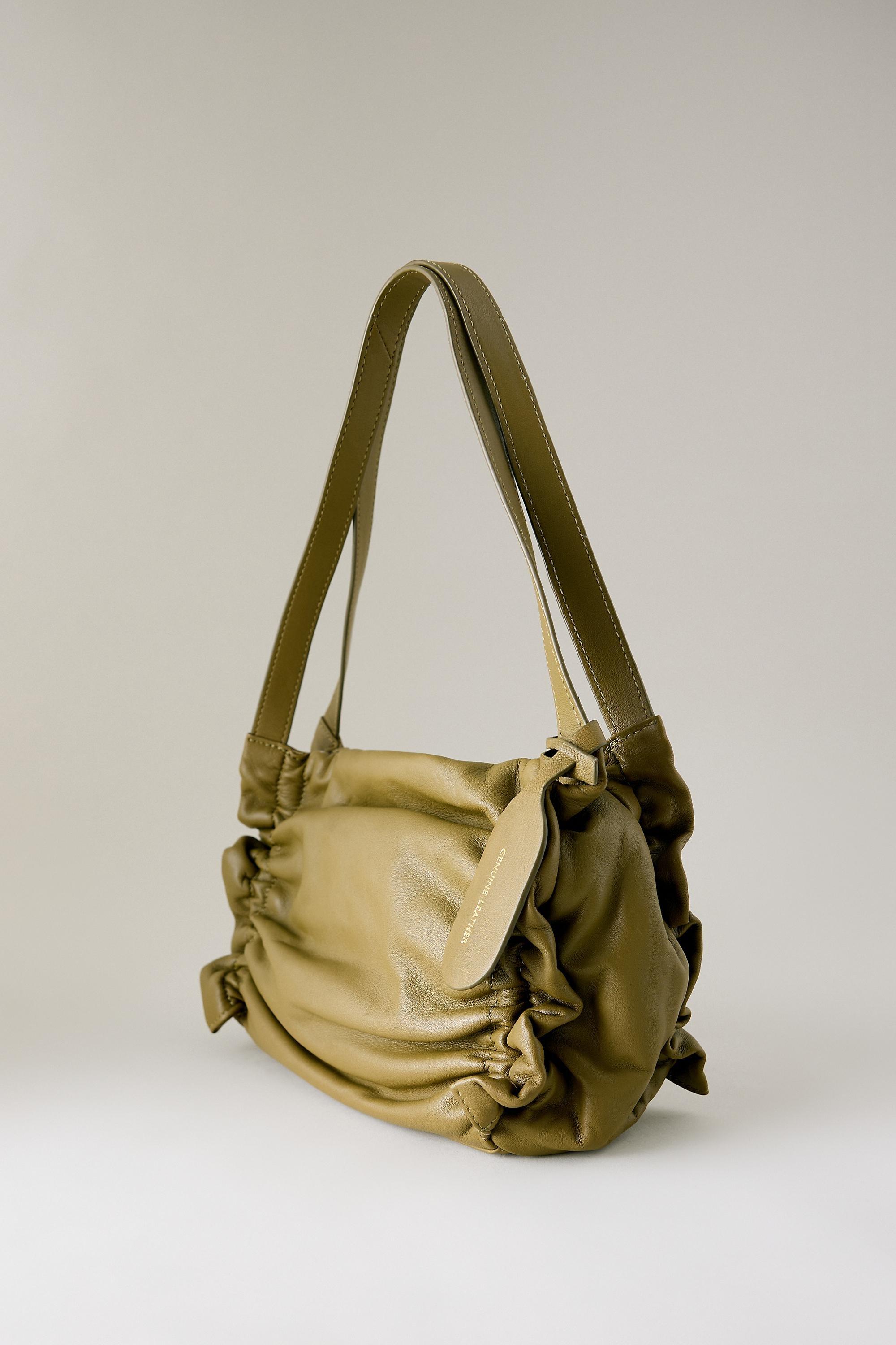 Ruched Leather Shoulder Bag, Green, large image number 2