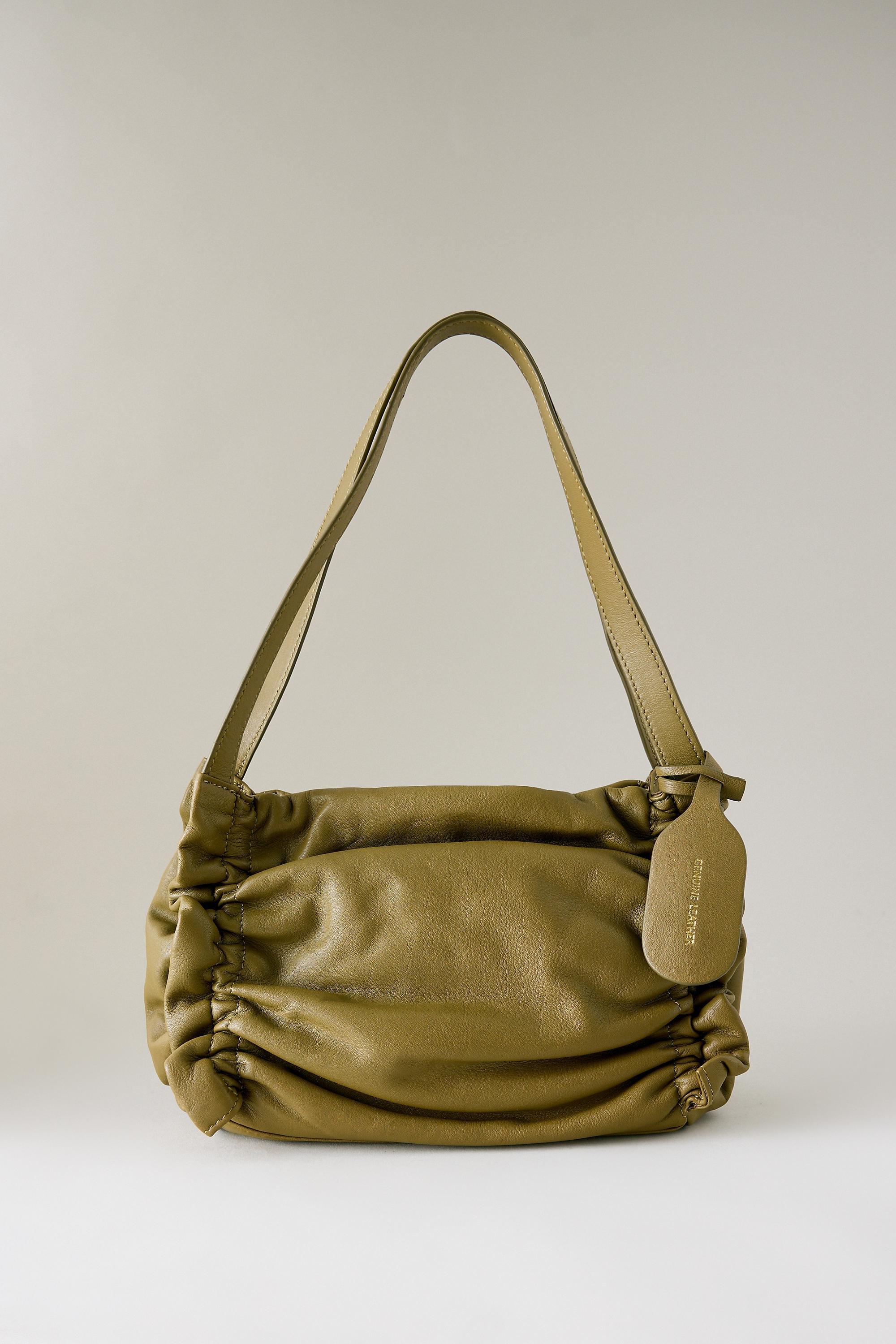 Ruched Leather Shoulder Bag, Green, large image number 3