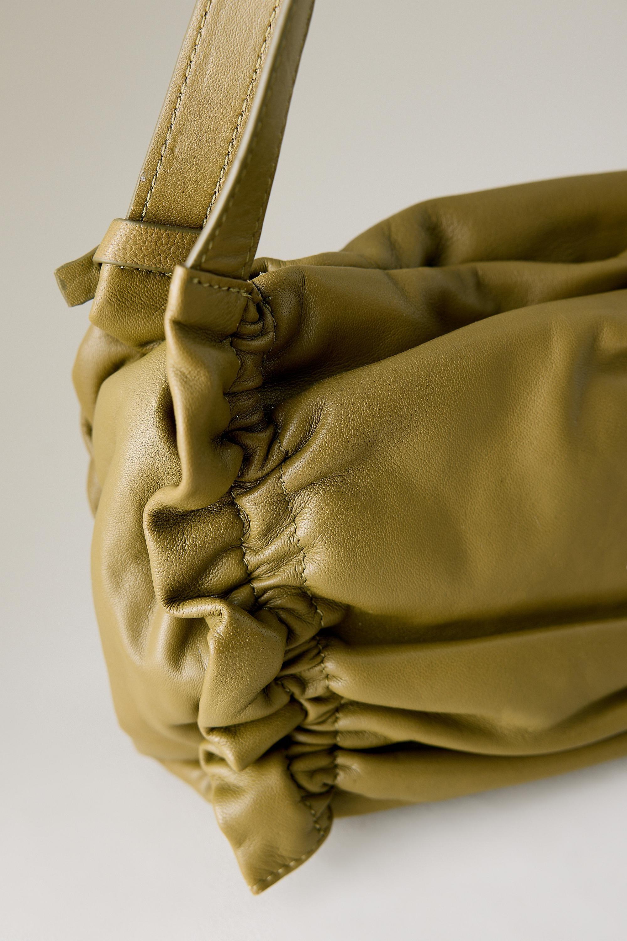 Ruched Leather Shoulder Bag, Green, large image number 4