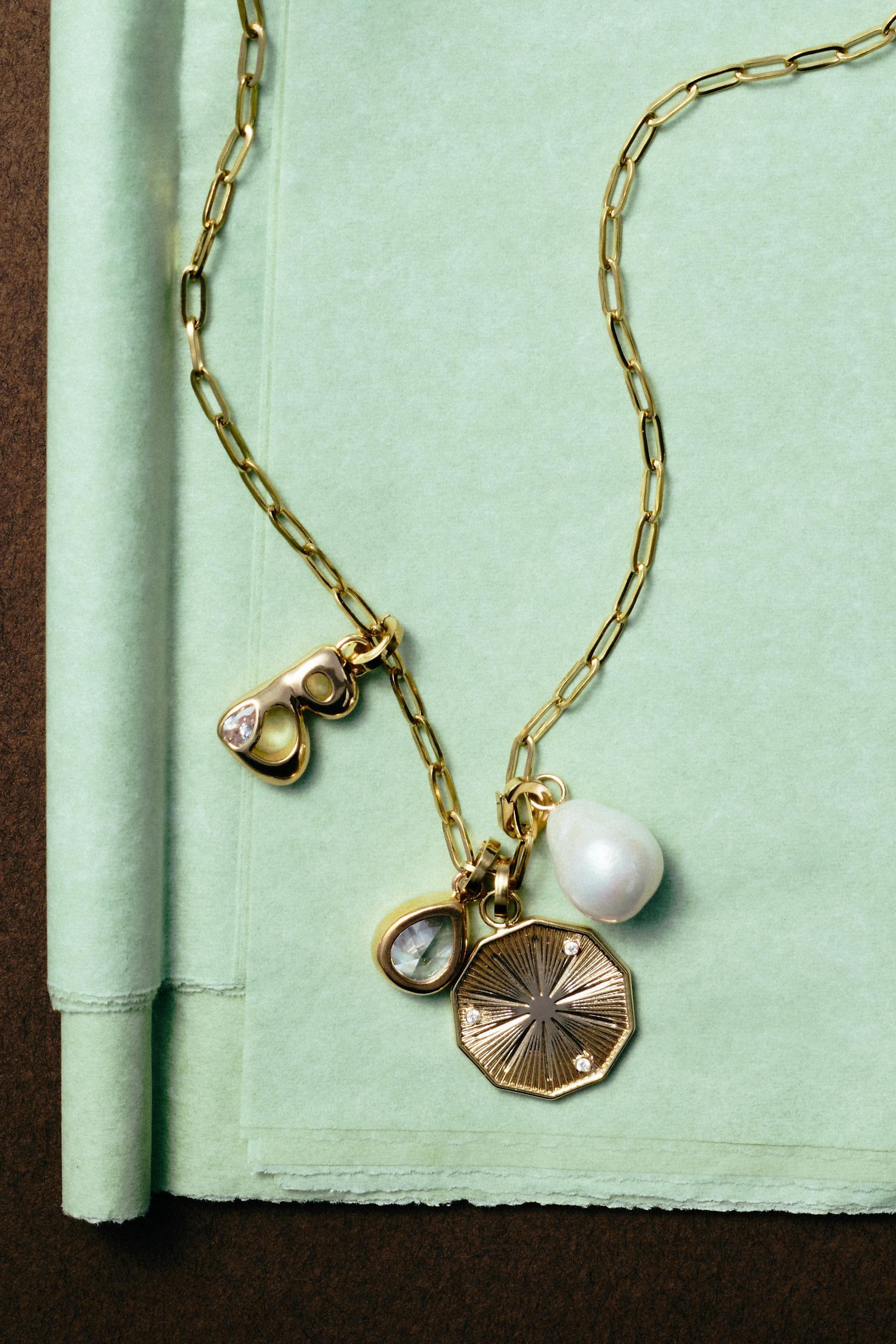 B Groovy Bezel Initial Charm, Gold, Multicolour, medium