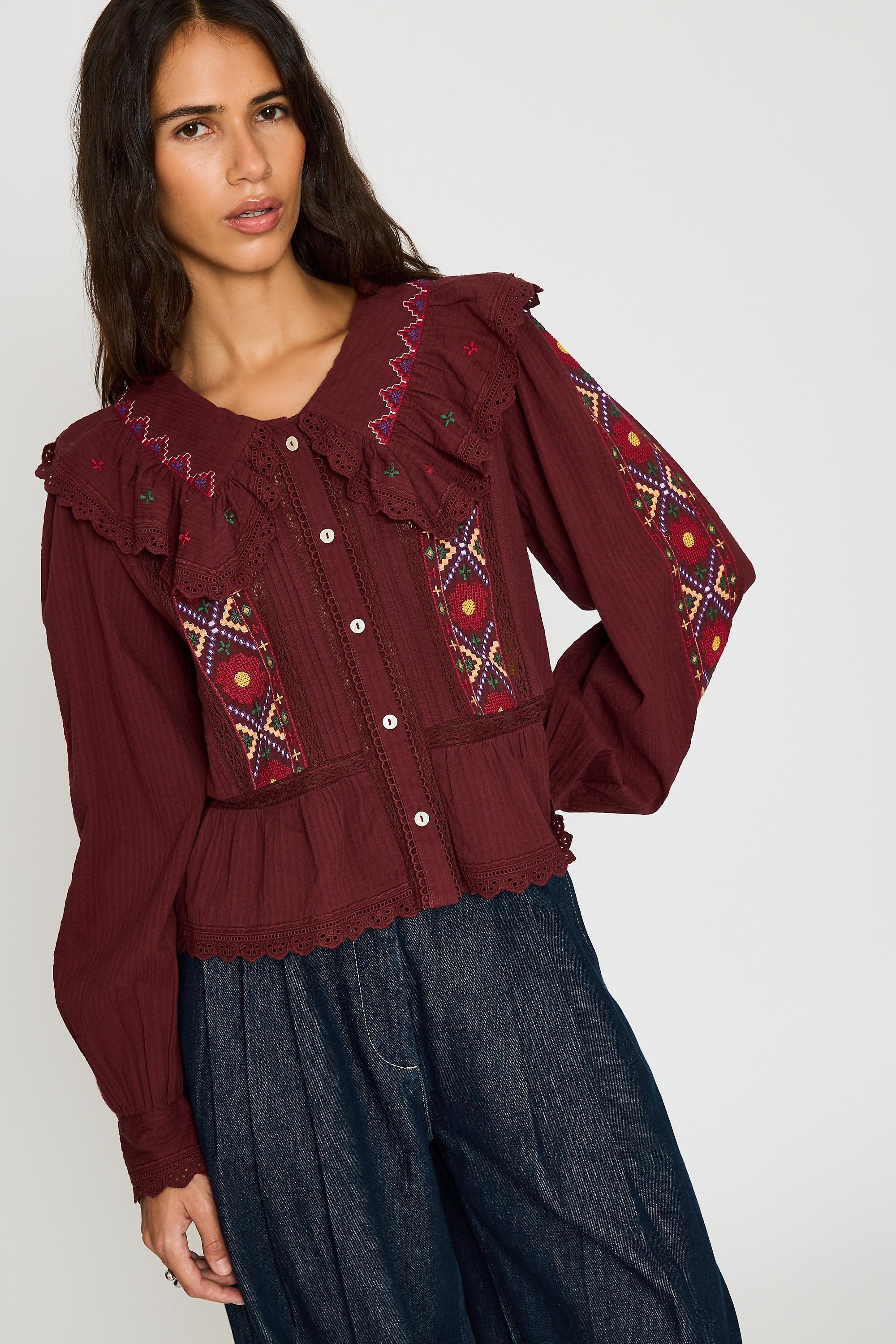 By Anthropologie Long-Sleeve Embroidered Blouse, Red, Burgundy, large image number 0