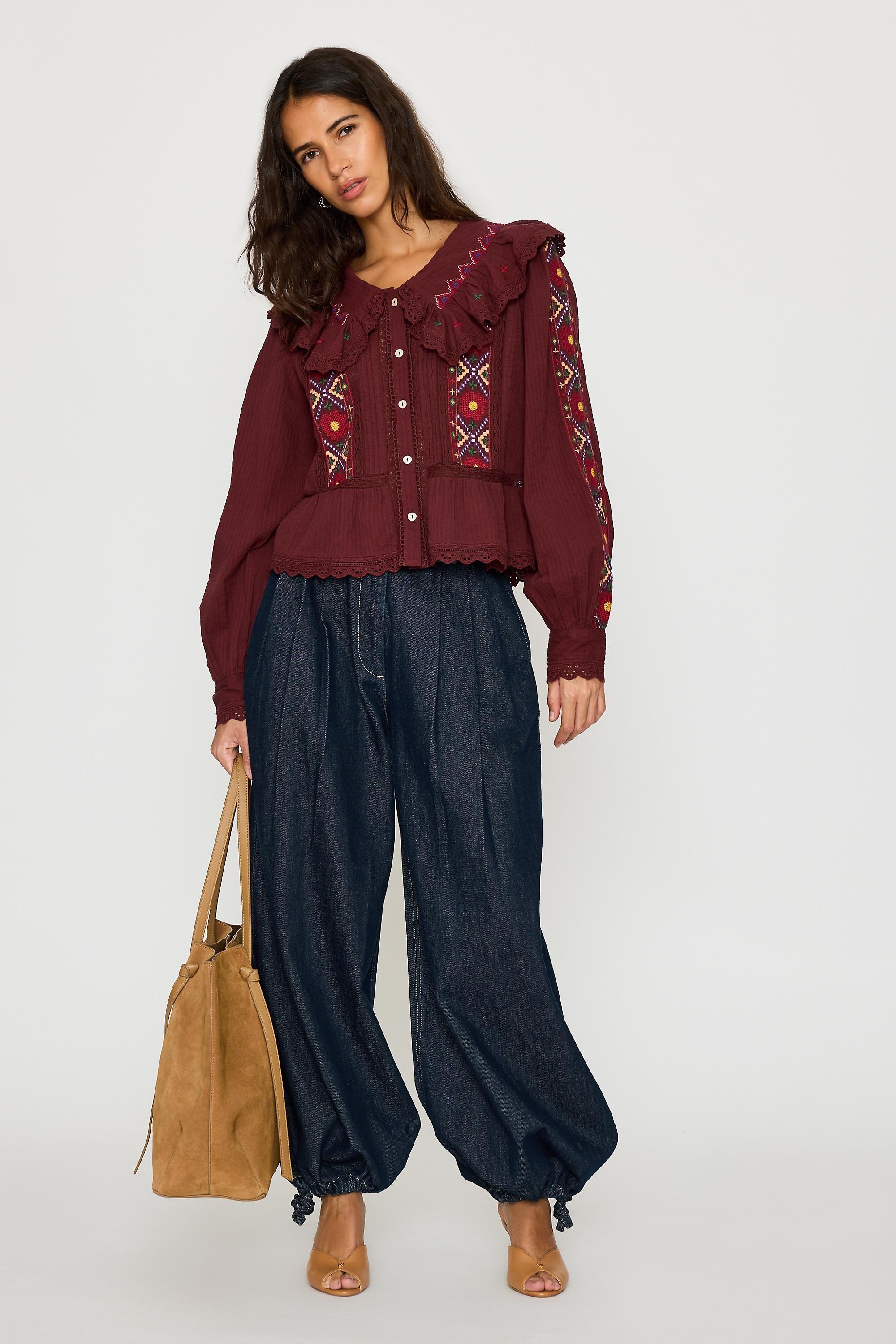 By Anthropologie Long-Sleeve Embroidered Blouse, Red, Burgundy, large image number 1