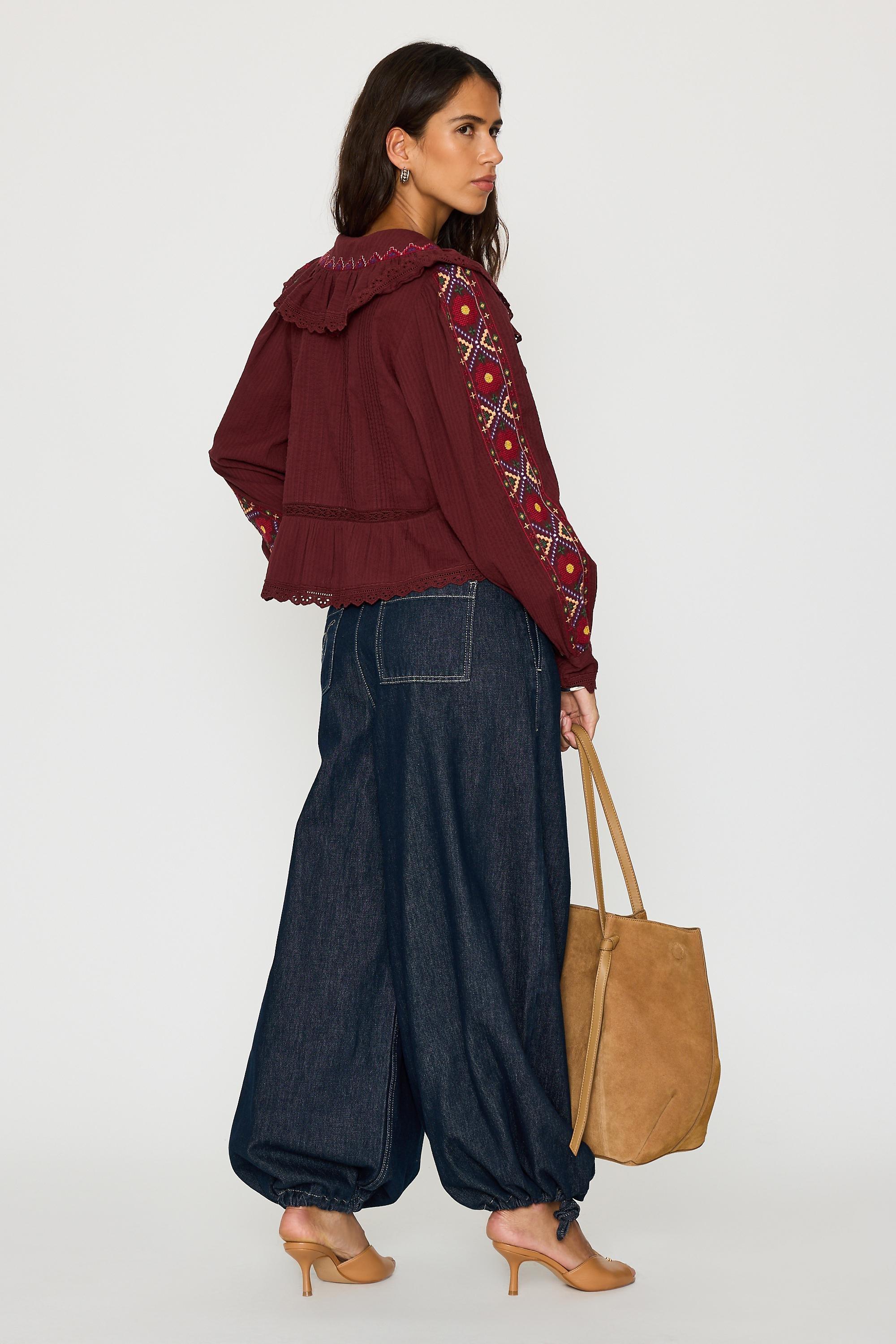 By Anthropologie Long-Sleeve Embroidered Blouse, Red, Burgundy, large image number 2