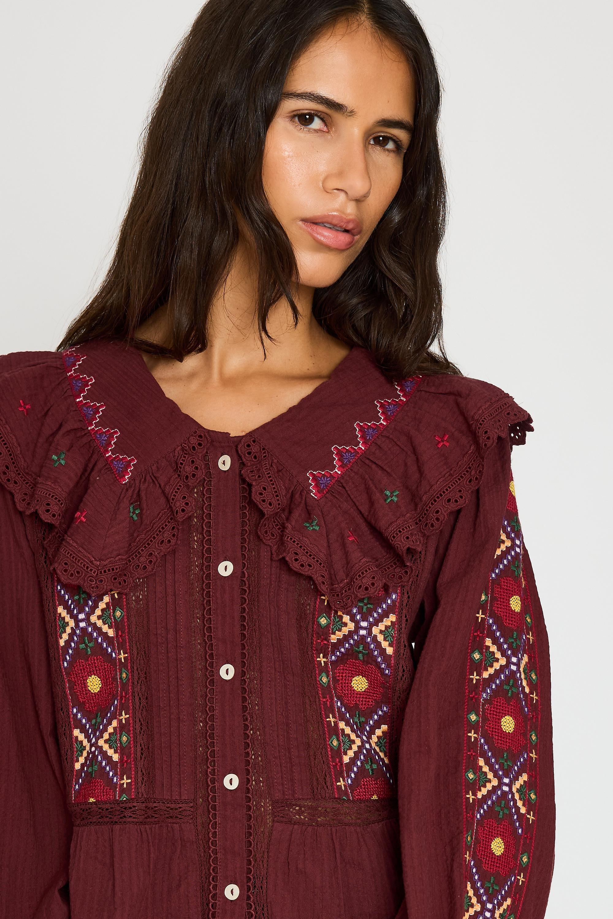 By Anthropologie Long-Sleeve Embroidered Blouse, Red, Burgundy, large image number 3