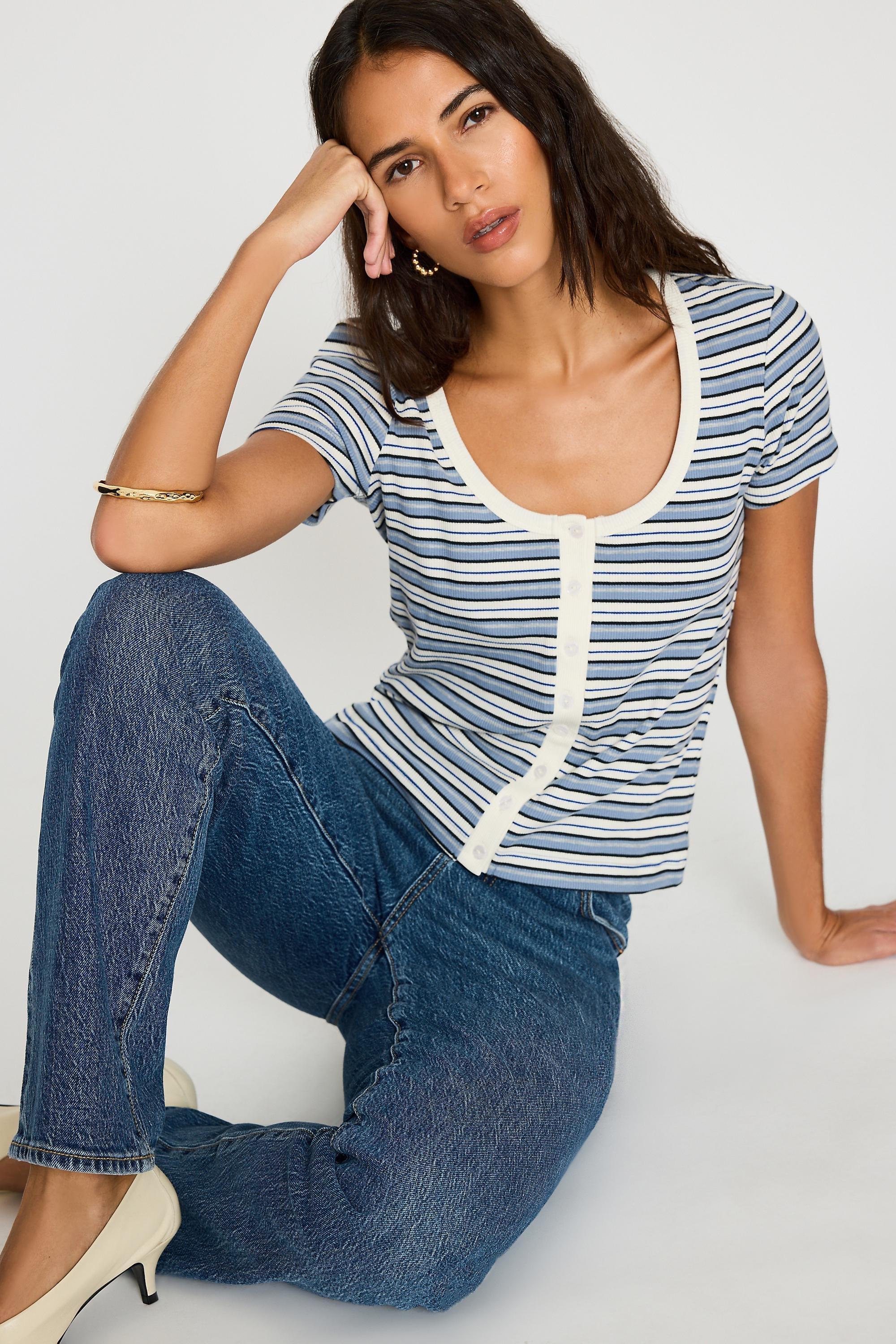 By Anthropologie Scoop-Neck Stripe Ribbed Top, Blue, Blue, large image number 0