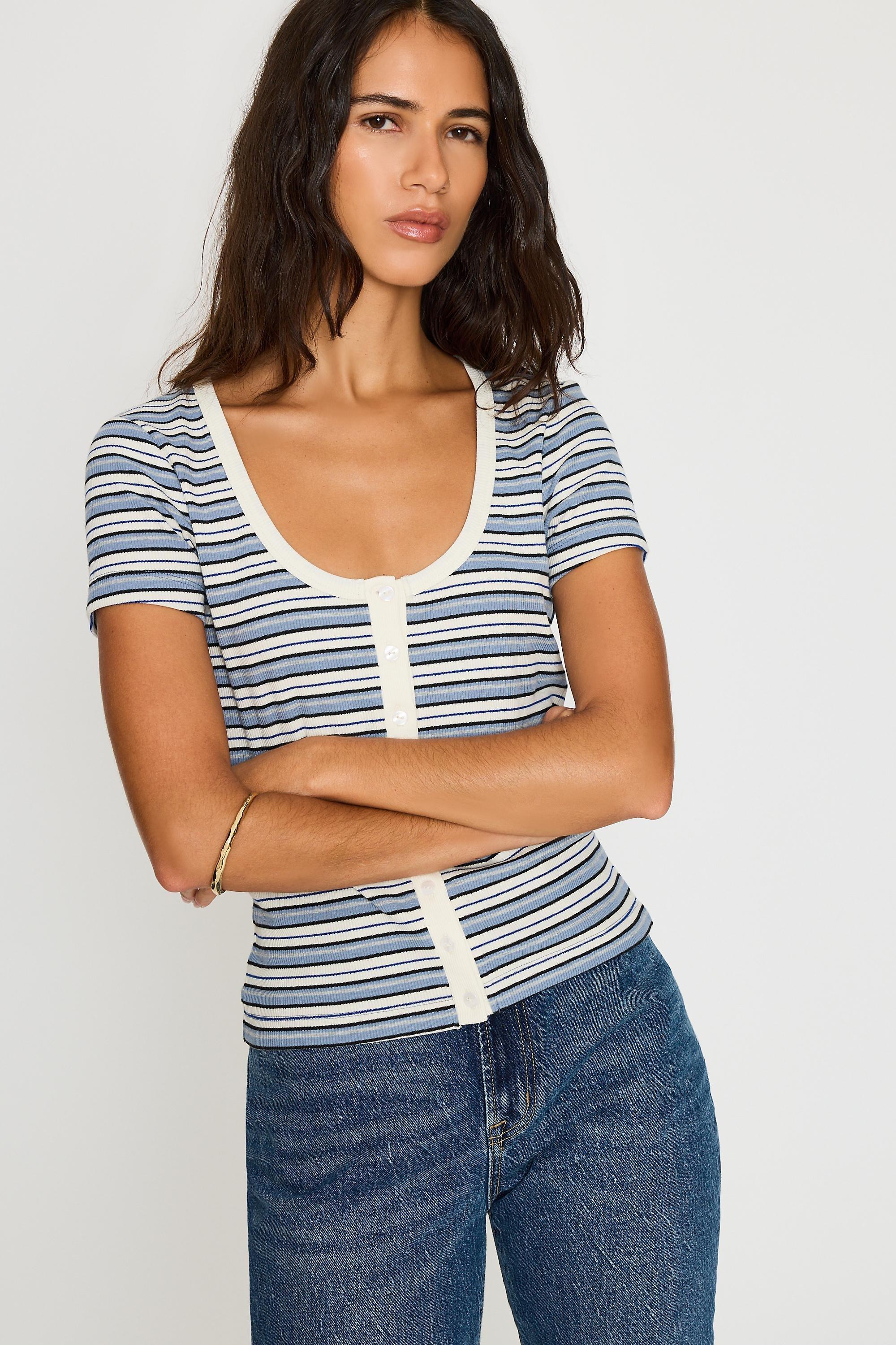 By Anthropologie Scoop-Neck Stripe Ribbed Top, Blue, Blue, medium