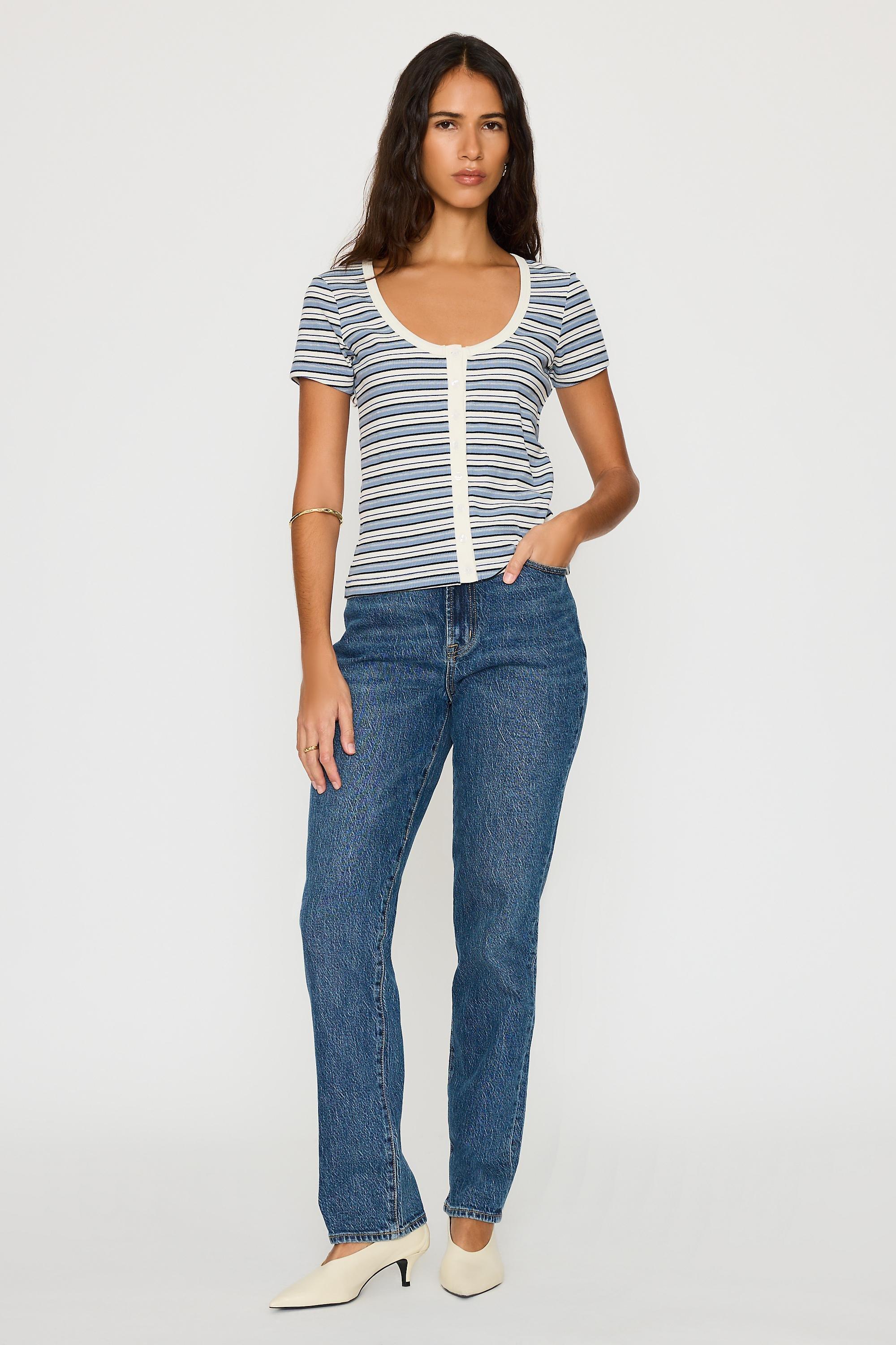 By Anthropologie Scoop-Neck Stripe Ribbed Top, Blue, Blue, medium
