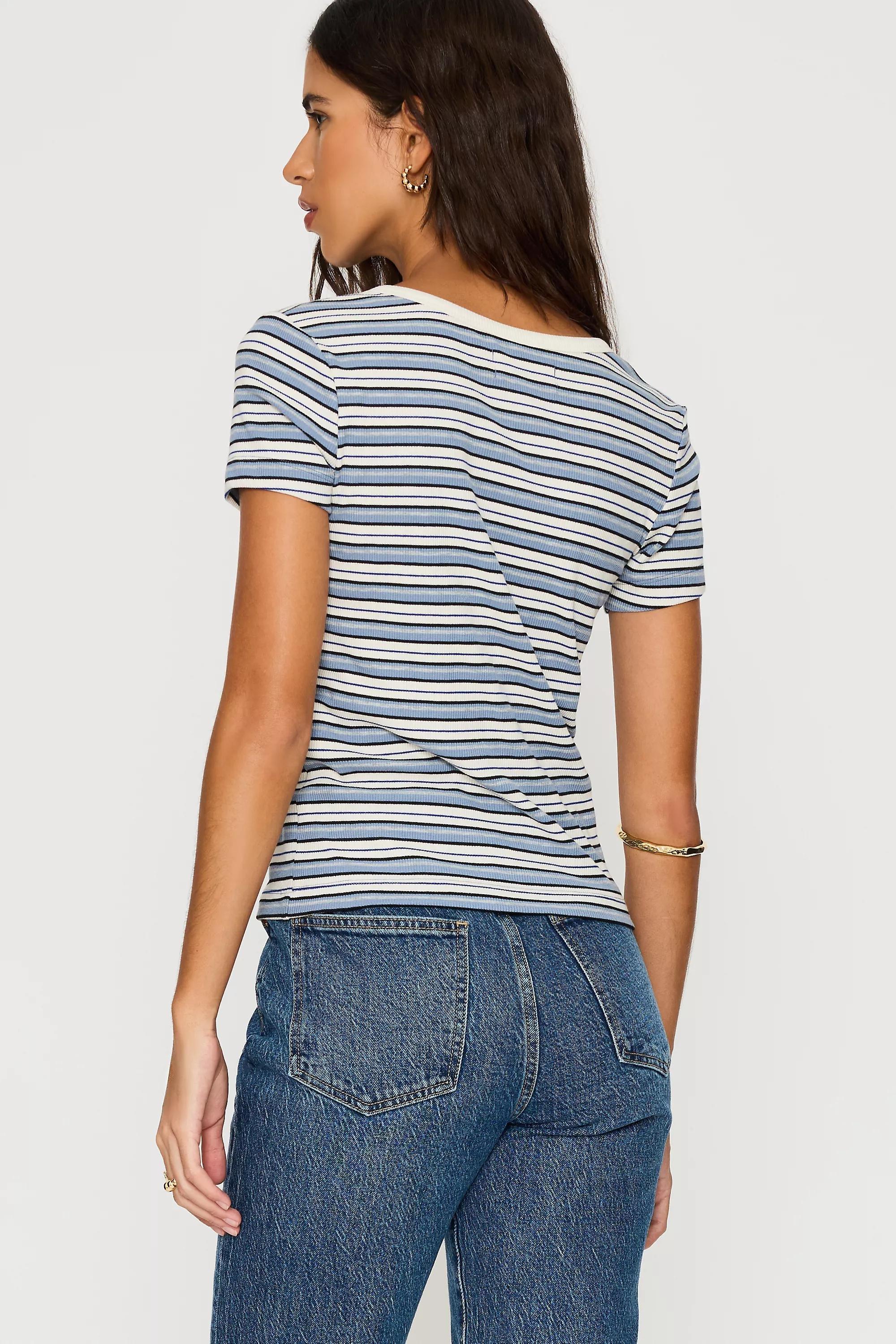 By Anthropologie Scoop-Neck Stripe Ribbed Top, Blue, Blue, large image number 3