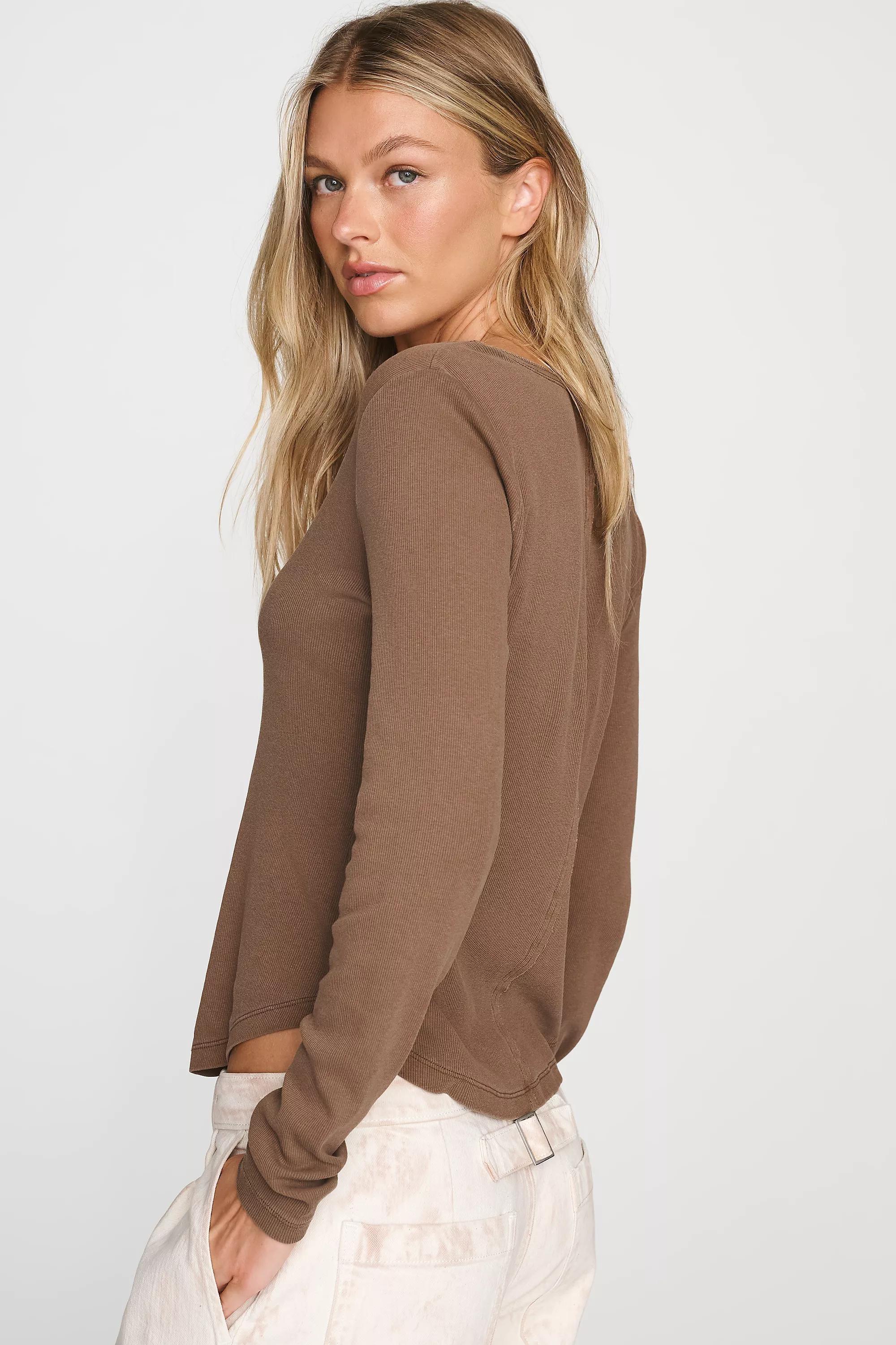 Pilcro Ribbed Long-Sleeve Henley Top, Brown, Brown, large image number 2