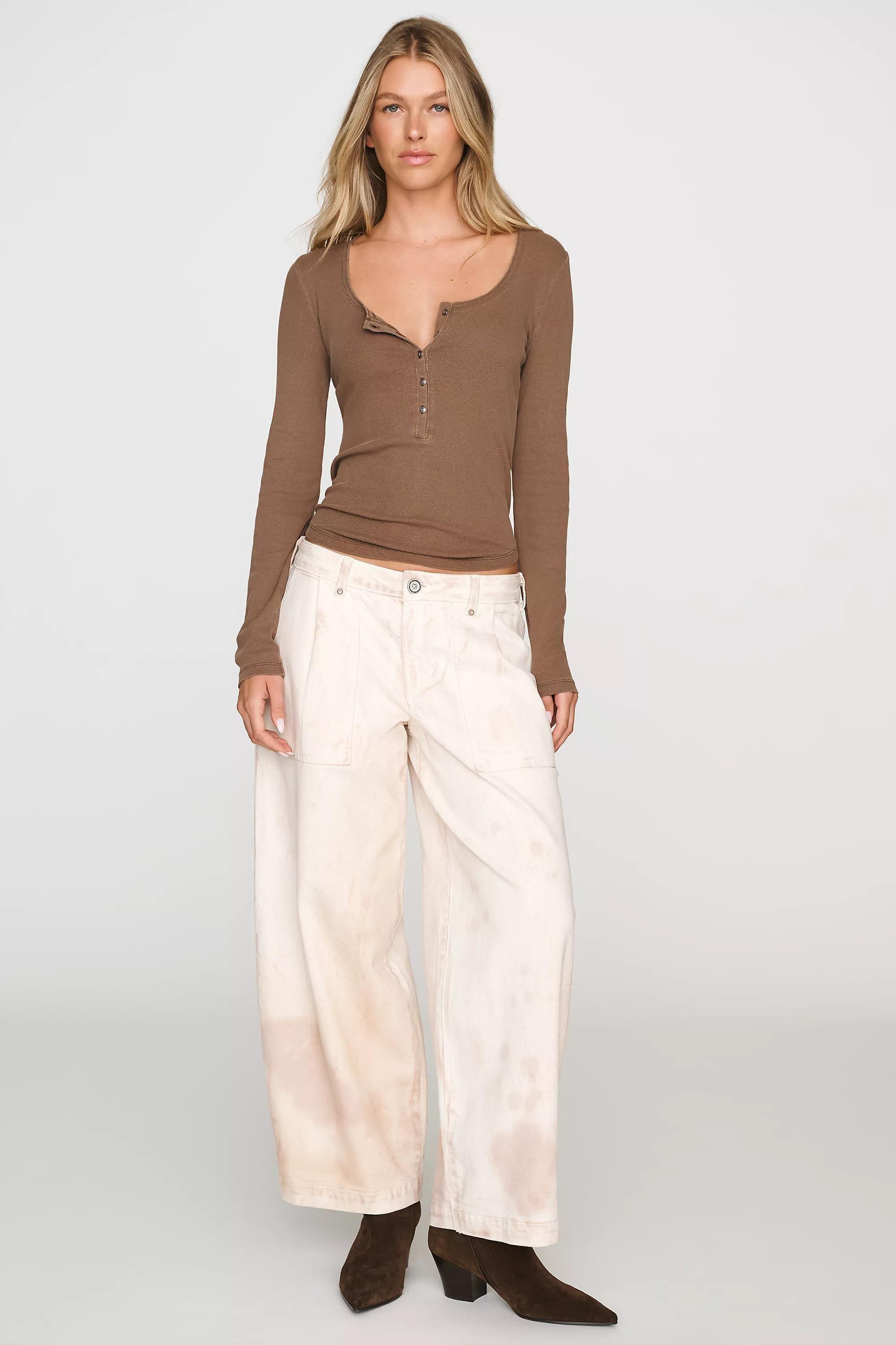 Pilcro Ribbed Long-Sleeve Henley Top, Brown, Brown, large image number 3