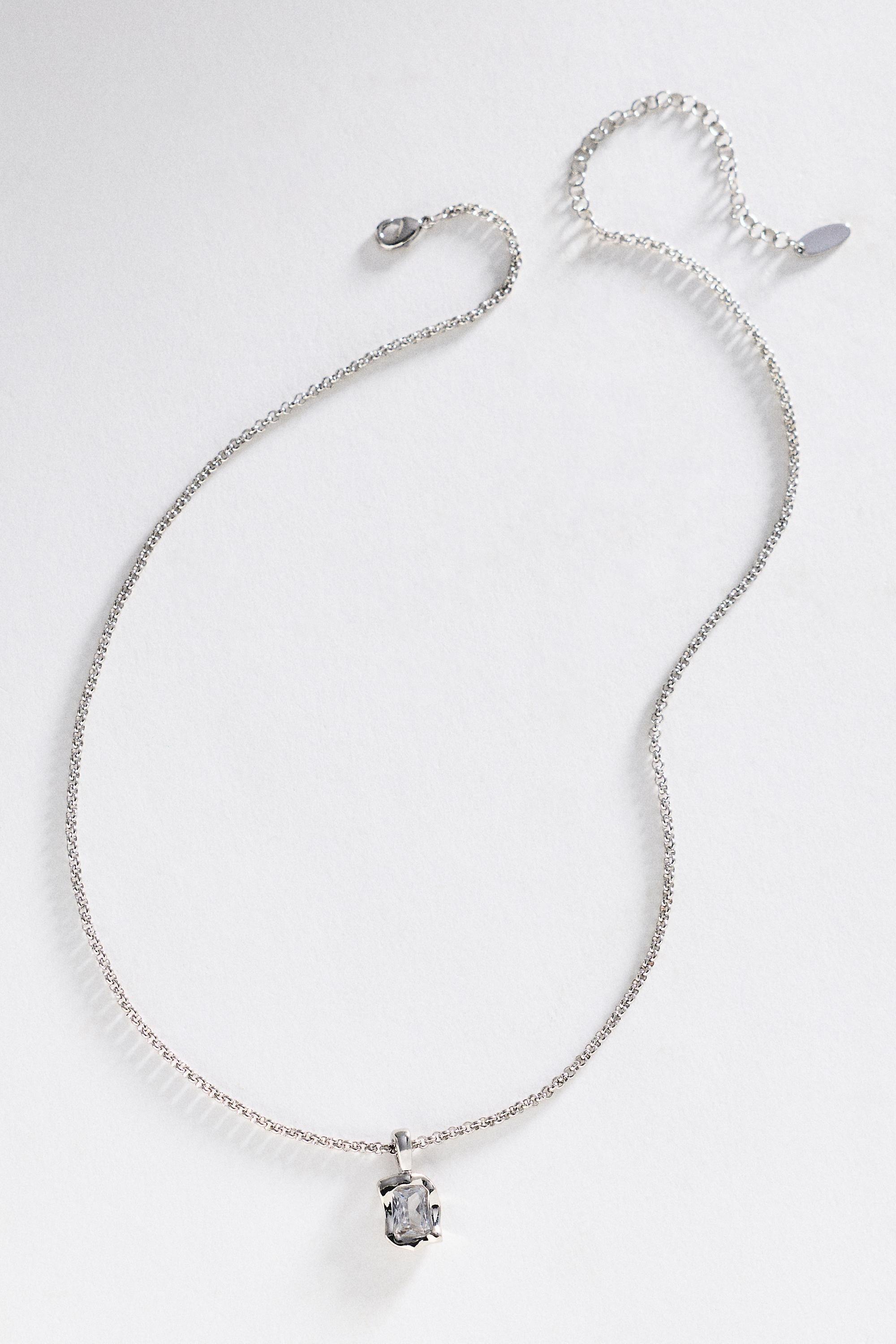 Bezel Crystal Pendant Necklace, Silver, Silver, medium