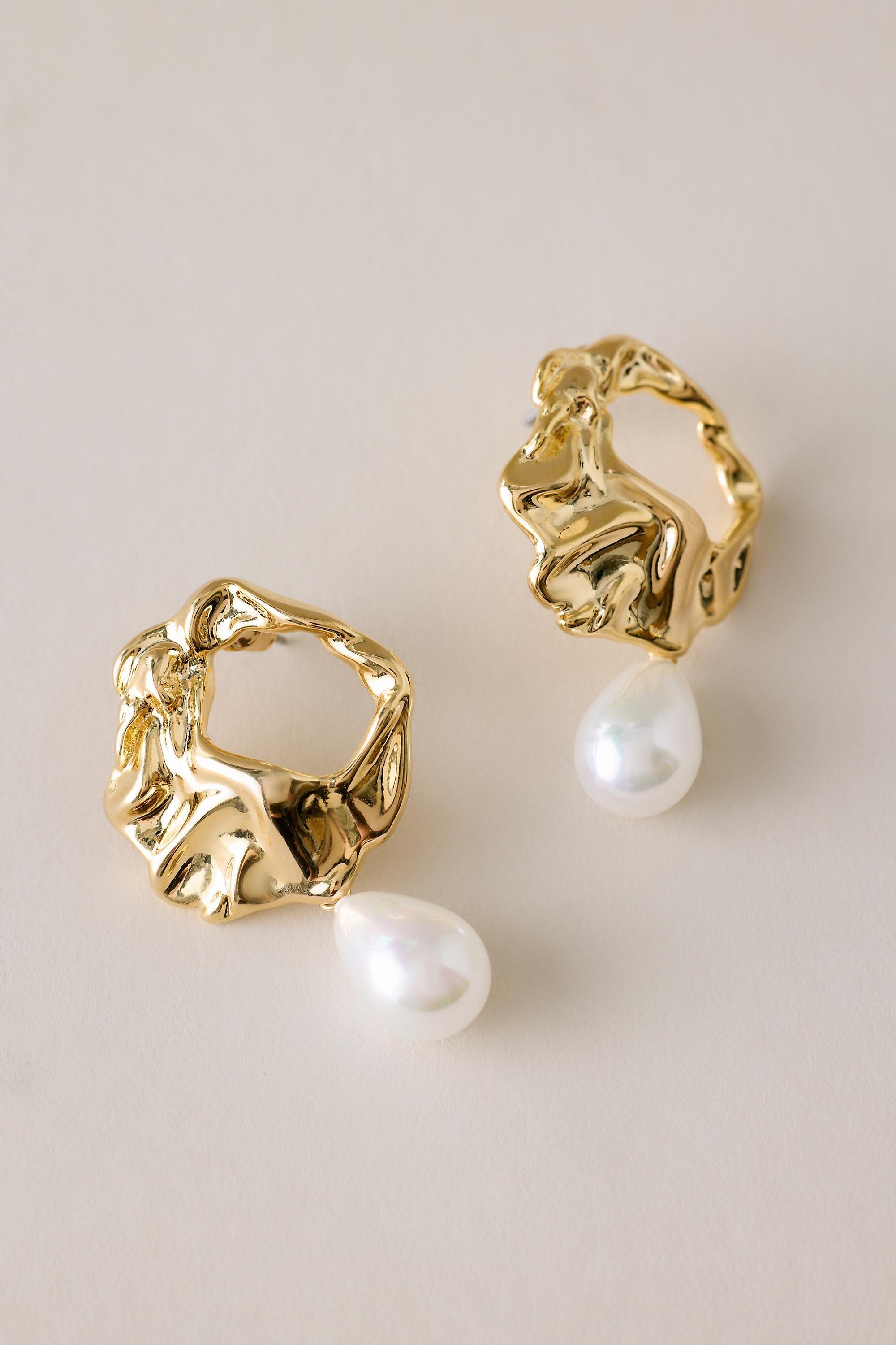 Hammered Pearl Drop Earrings, Gold, Gold, large image number 0