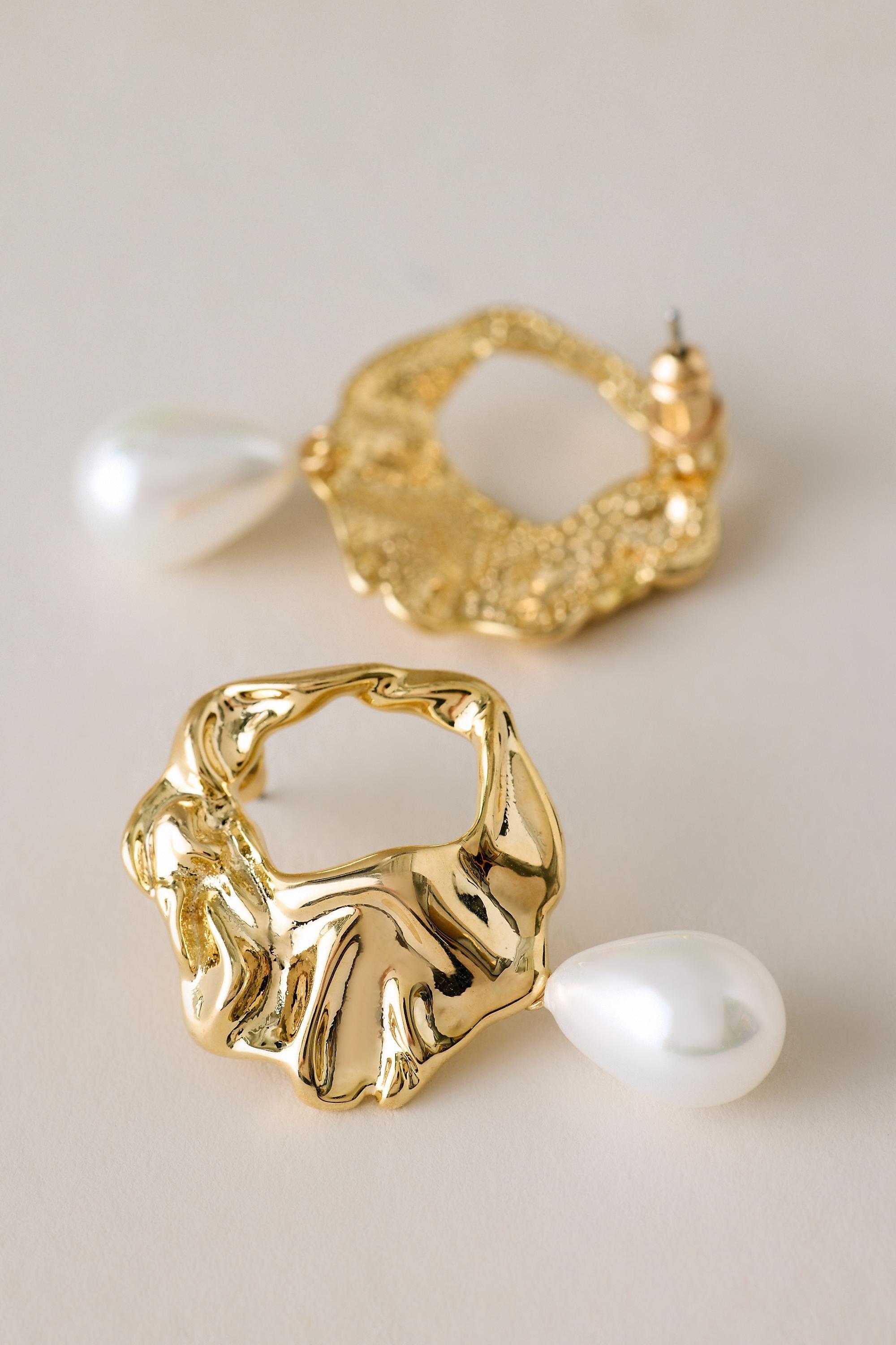 Hammered Pearl Drop Earrings, Gold, Gold, large image number 1
