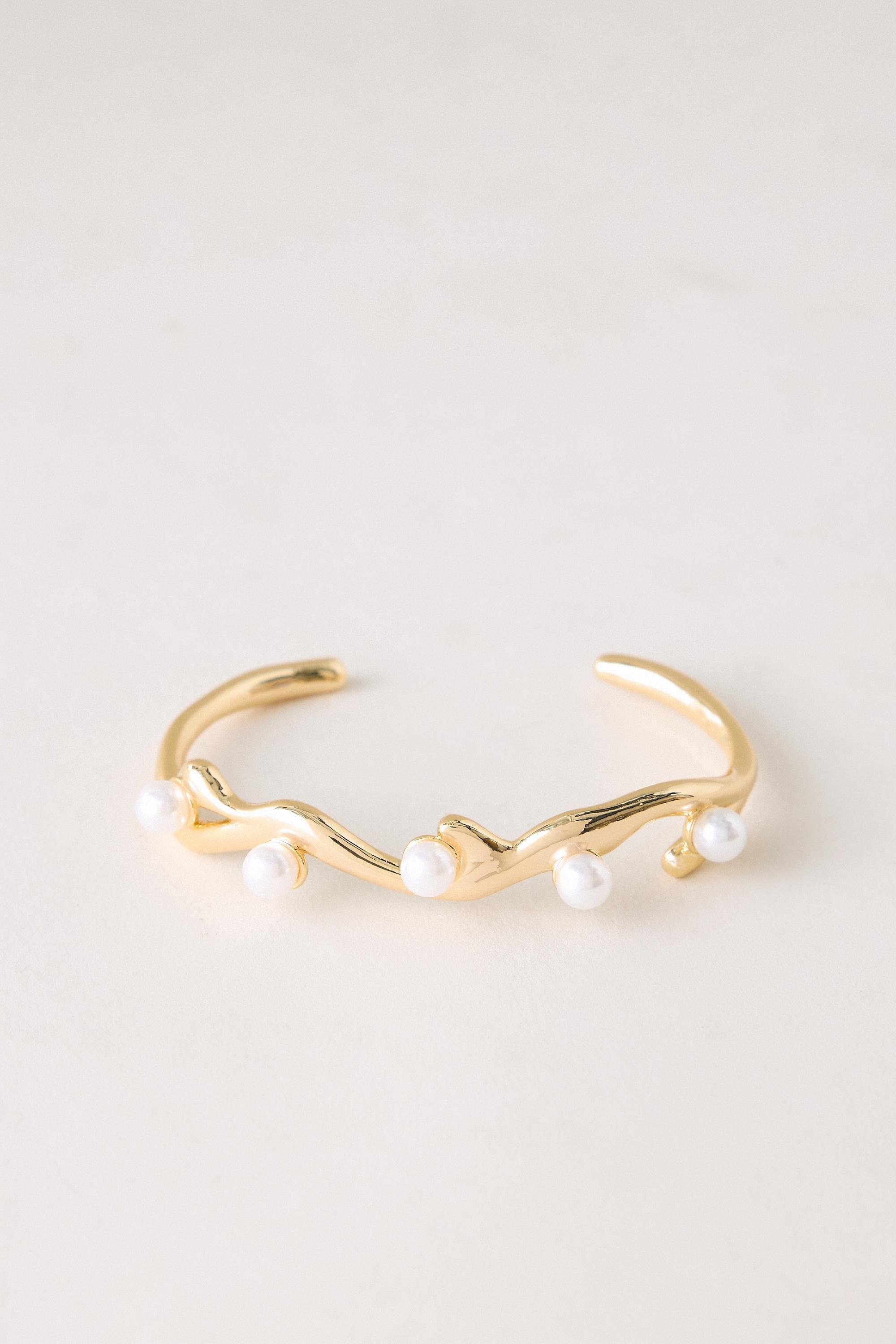 Gold-Plated Pearl-Embellished Bangle Bracelet, Gold, Gold, large image number 0