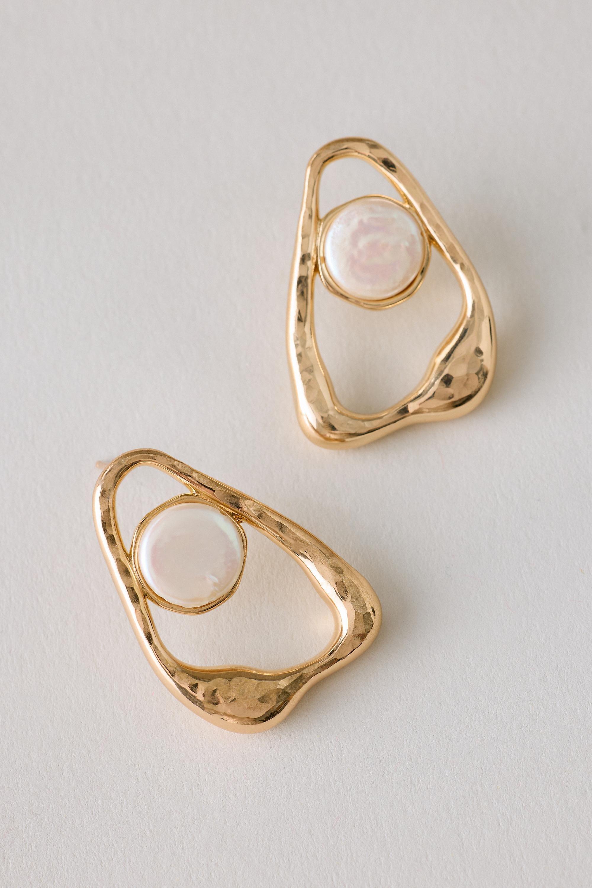Large Ring Stone Earrings, White, Cream, large image number 0