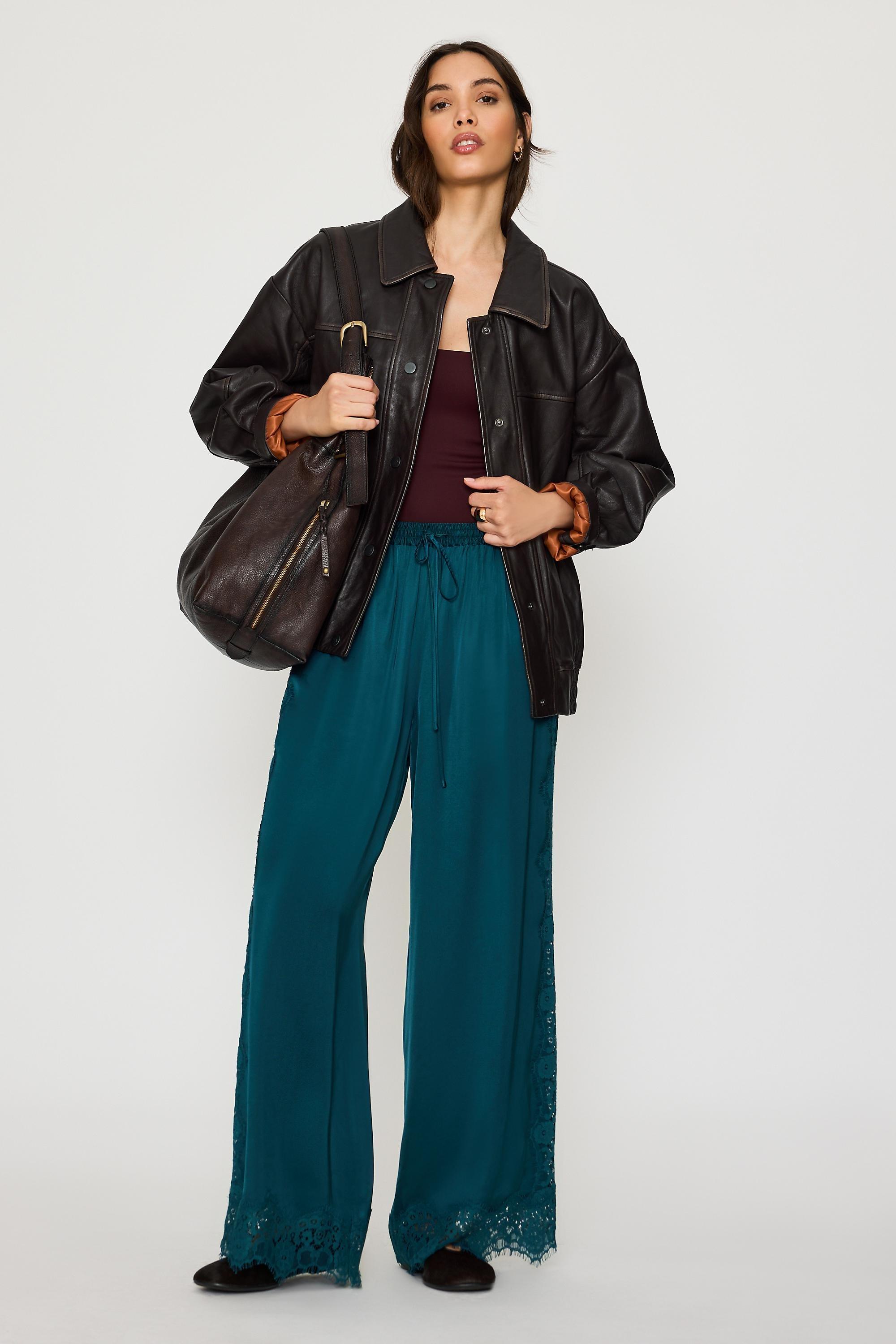 By Anthropologie Satin Lace Wide-Leg Trousers, Blue, Navy, large image number 0