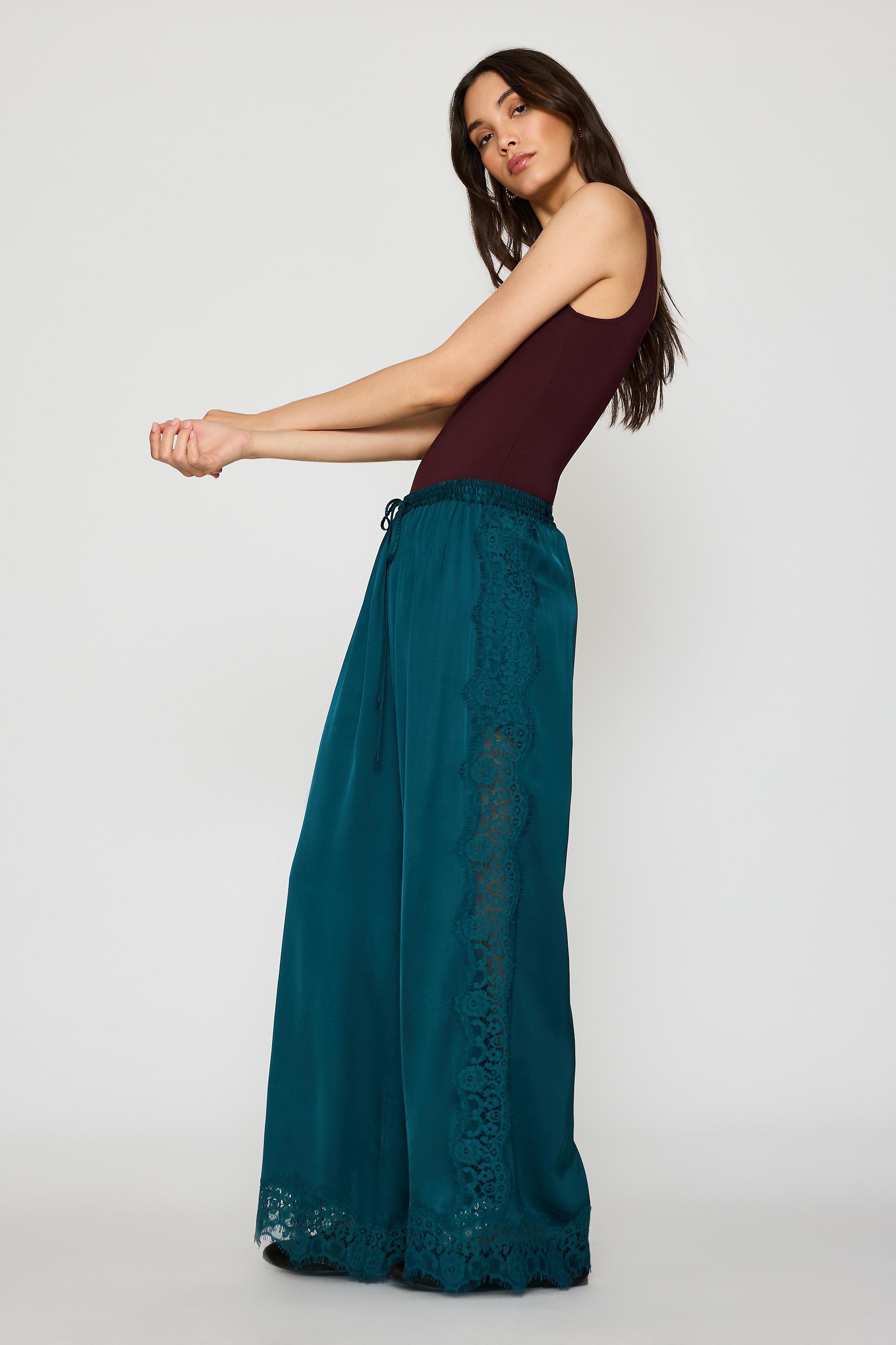By Anthropologie Satin Lace Wide-Leg Trousers, Blue, Navy, large image number 1