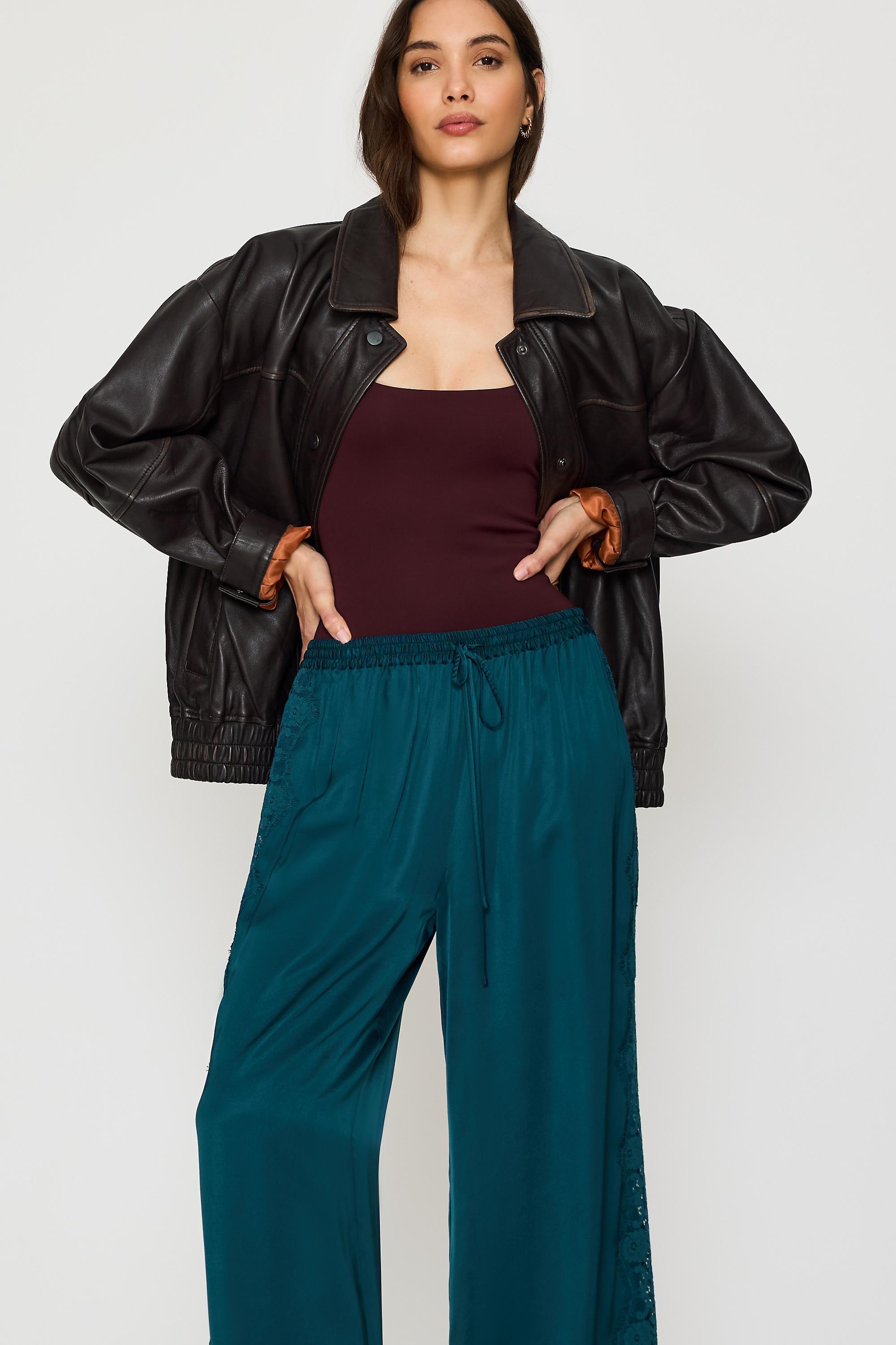By Anthropologie Satin Lace Wide-Leg Trousers, Blue, Navy, large image number 2