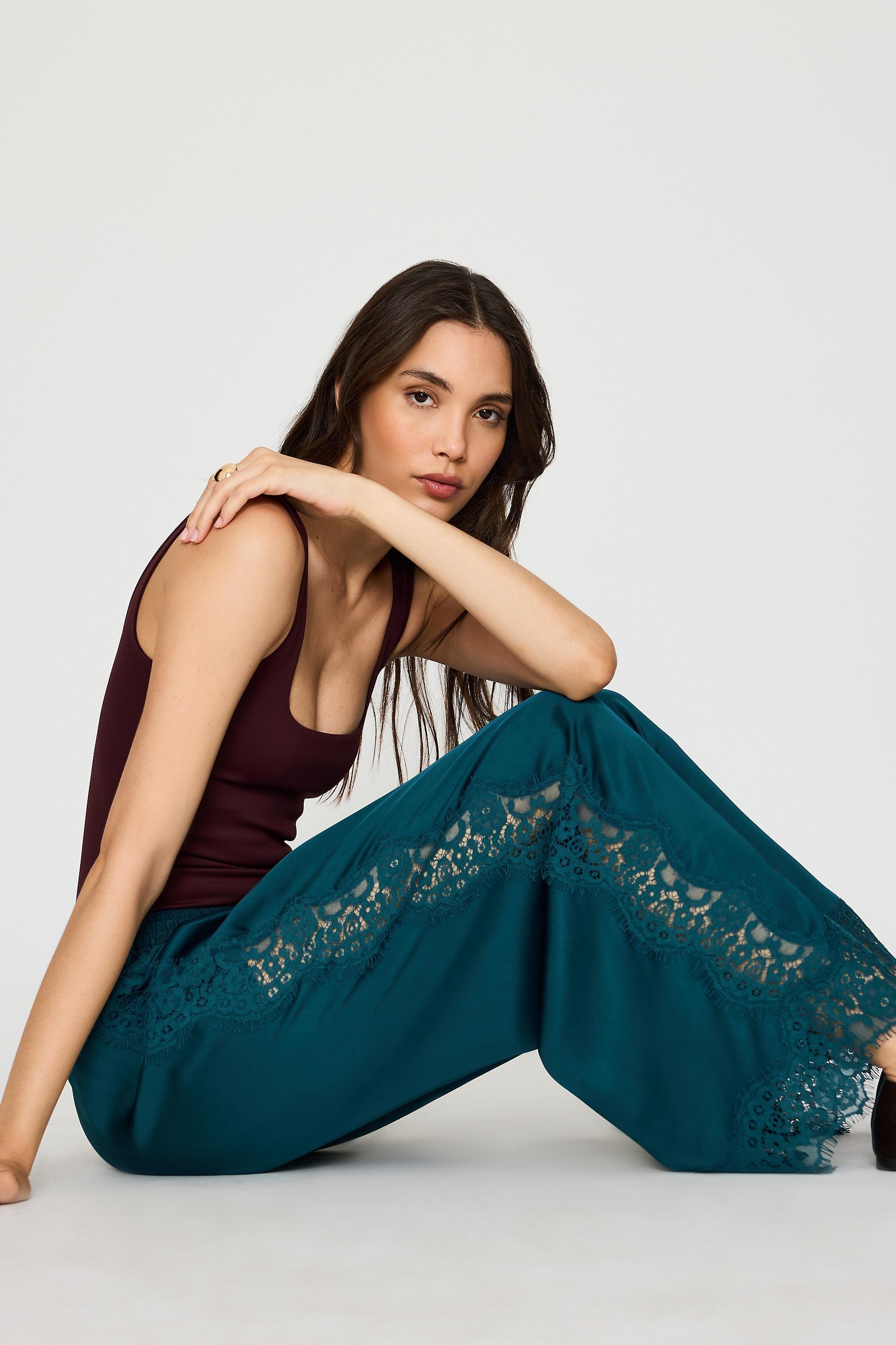 By Anthropologie Satin Lace Wide-Leg Trousers, Blue, Navy, large image number 3