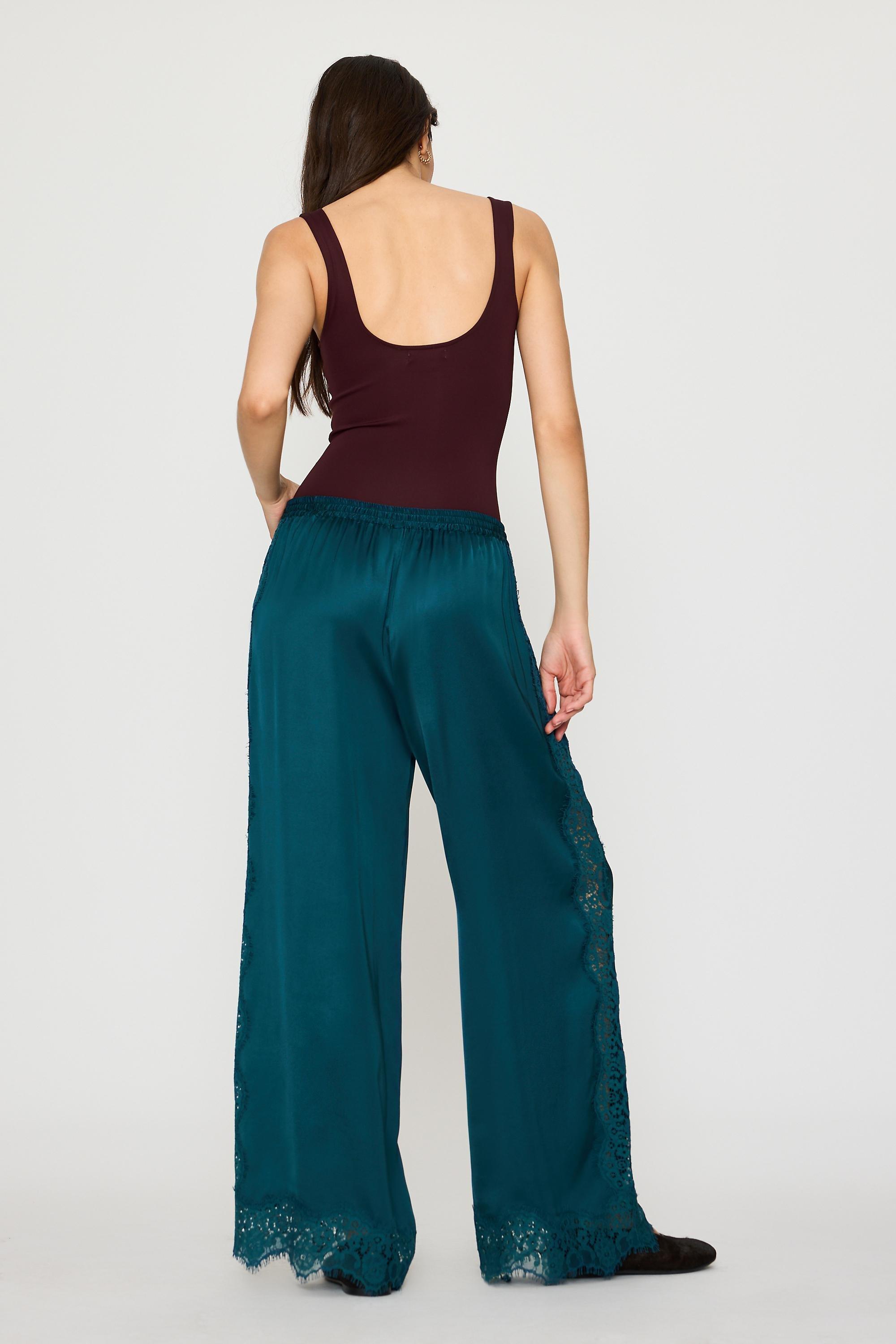 By Anthropologie Satin Lace Wide-Leg Trousers, Blue, Navy, large image number 4