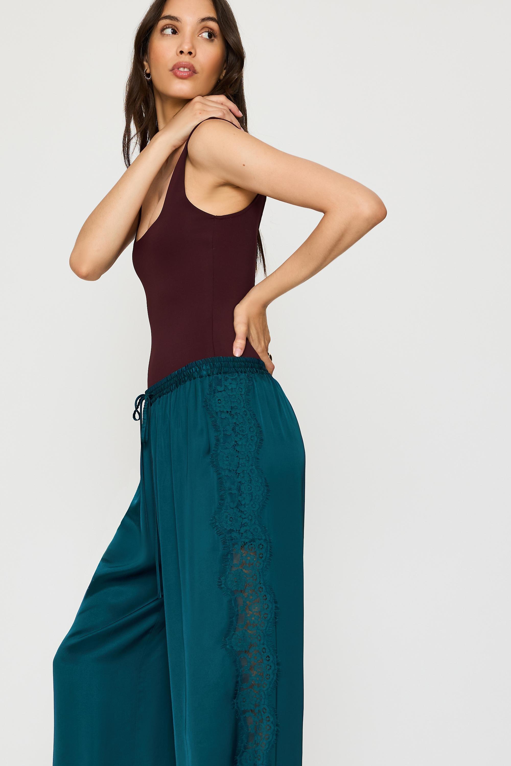 By Anthropologie Satin Lace Wide-Leg Trousers, Blue, Navy, large image number 5