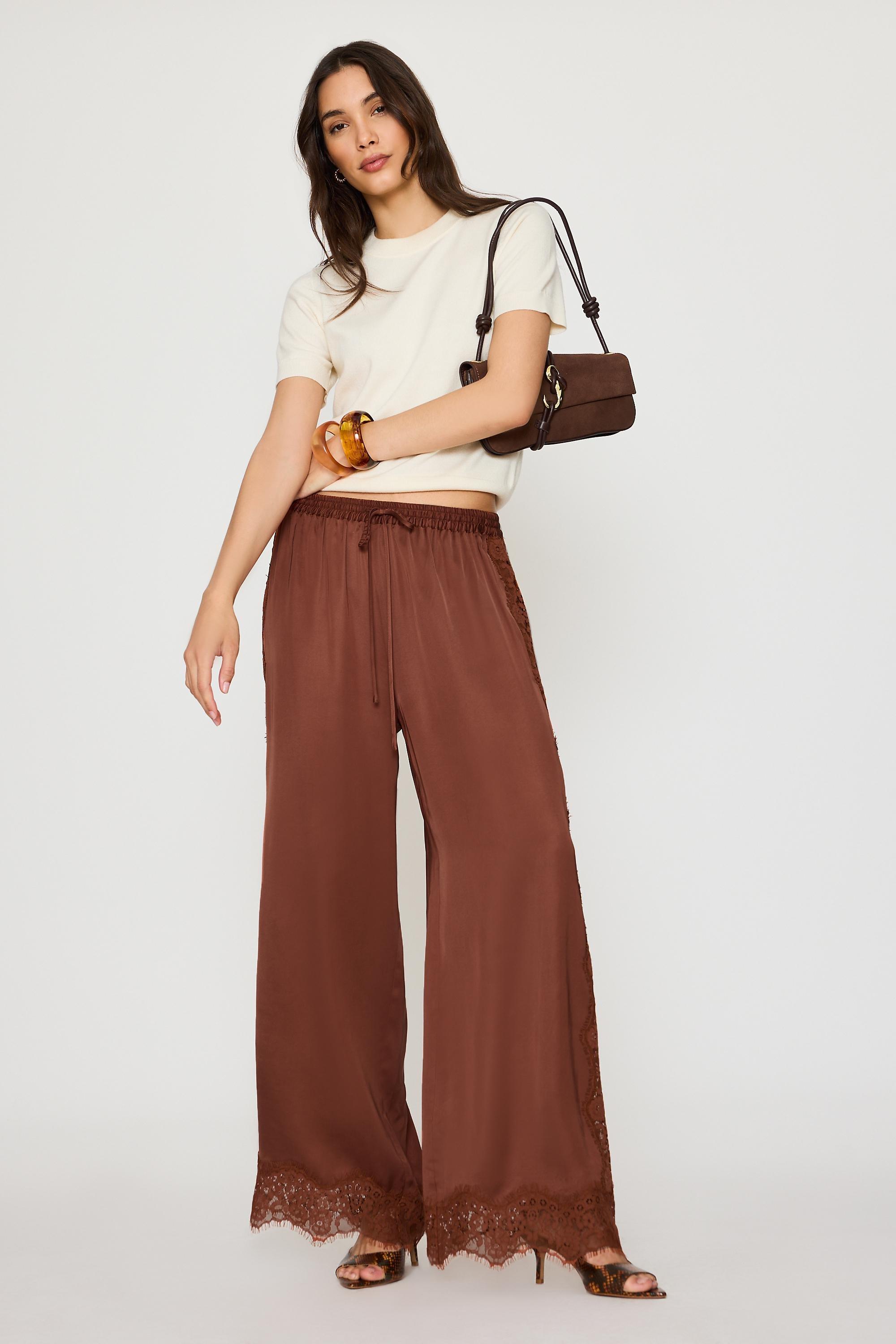 By Anthropologie Satin Lace Wide-Leg Trousers,Multicolour, Orange, medium