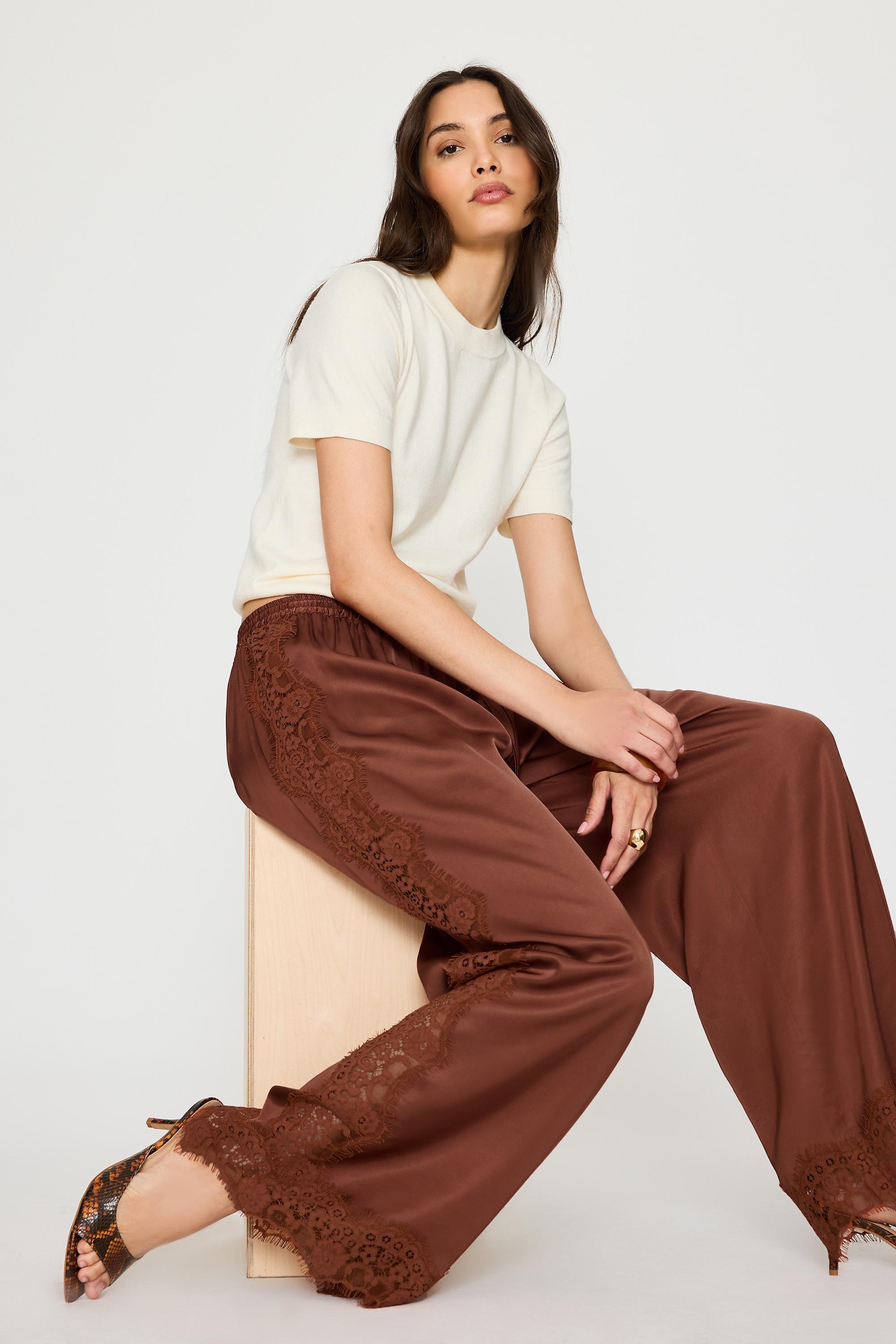 By Anthropologie Satin Lace Wide-Leg Trousers,Multicolour, Orange, medium