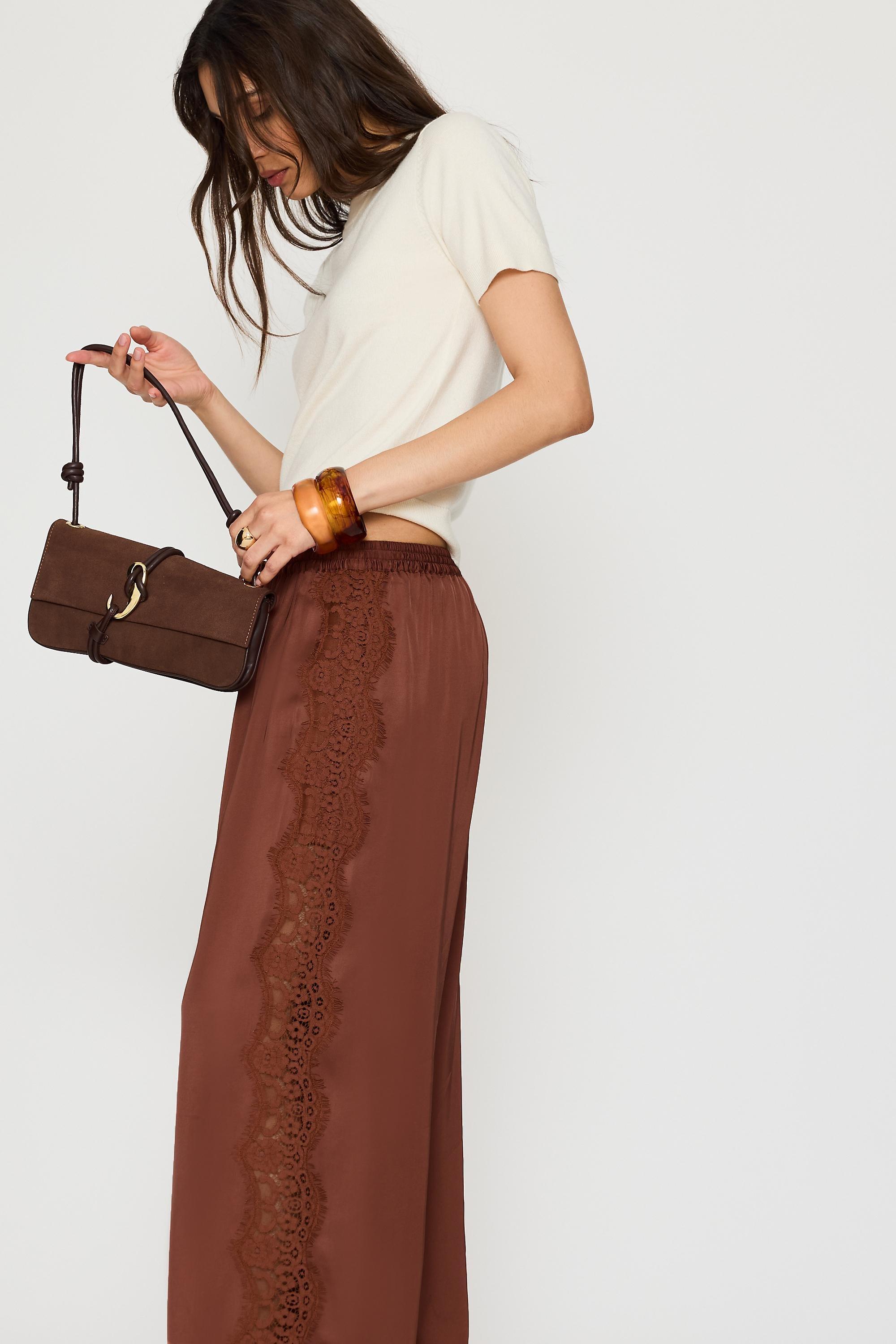By Anthropologie Satin Lace Wide-Leg Trousers,Multicolour, Orange, medium