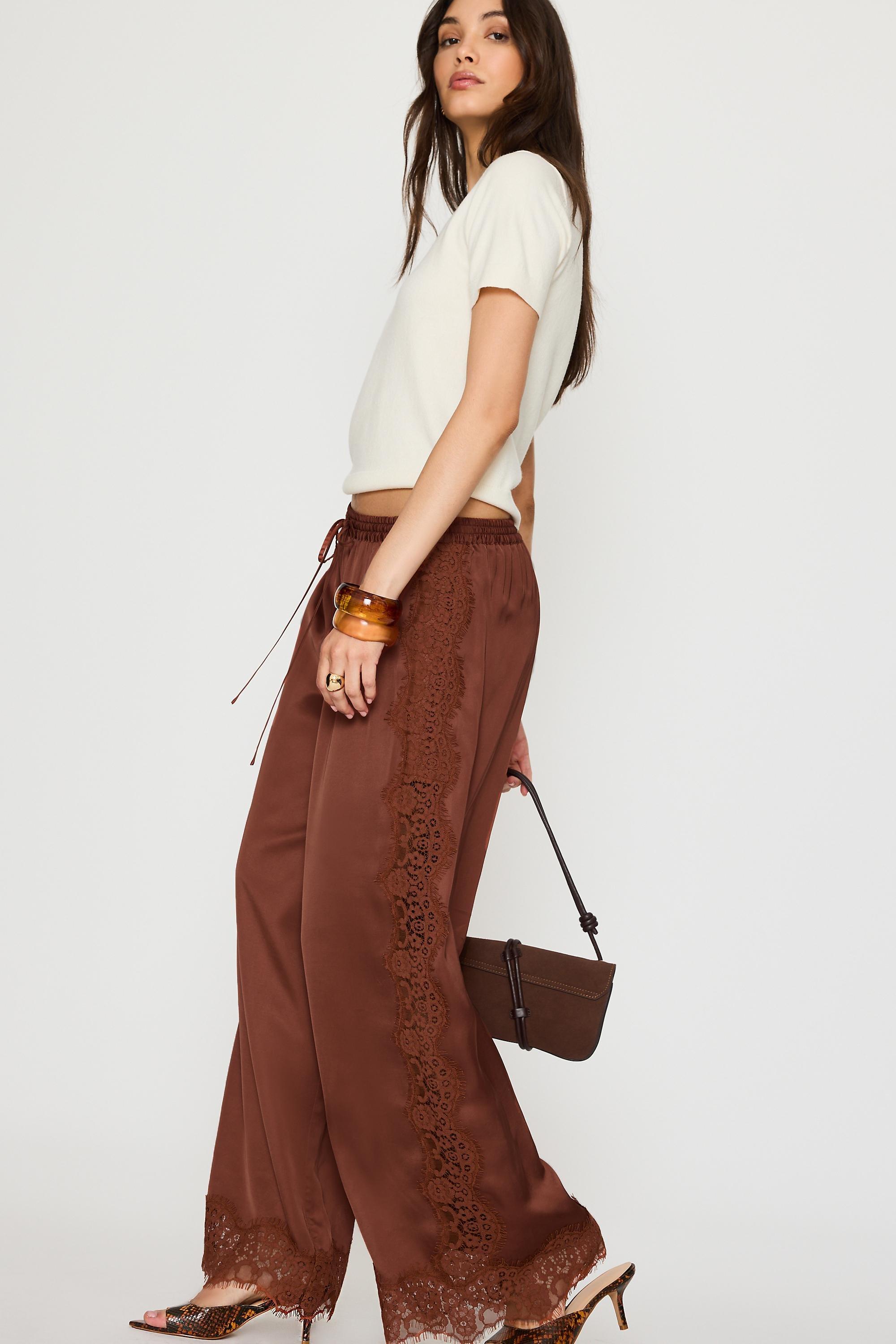 By Anthropologie Satin Lace Wide-Leg Trousers,Multicolour, Orange, large image number 3