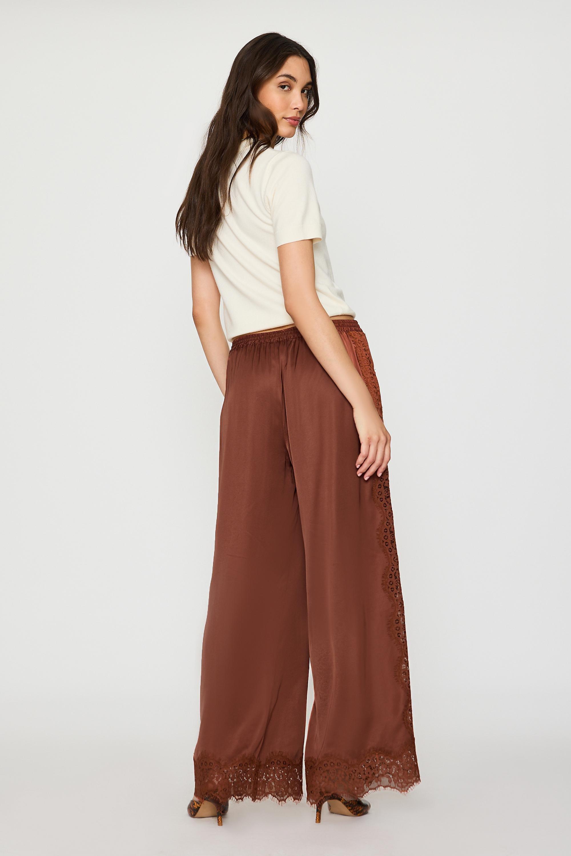 By Anthropologie Satin Lace Wide-Leg Trousers,Multicolour, Orange, large image number 4