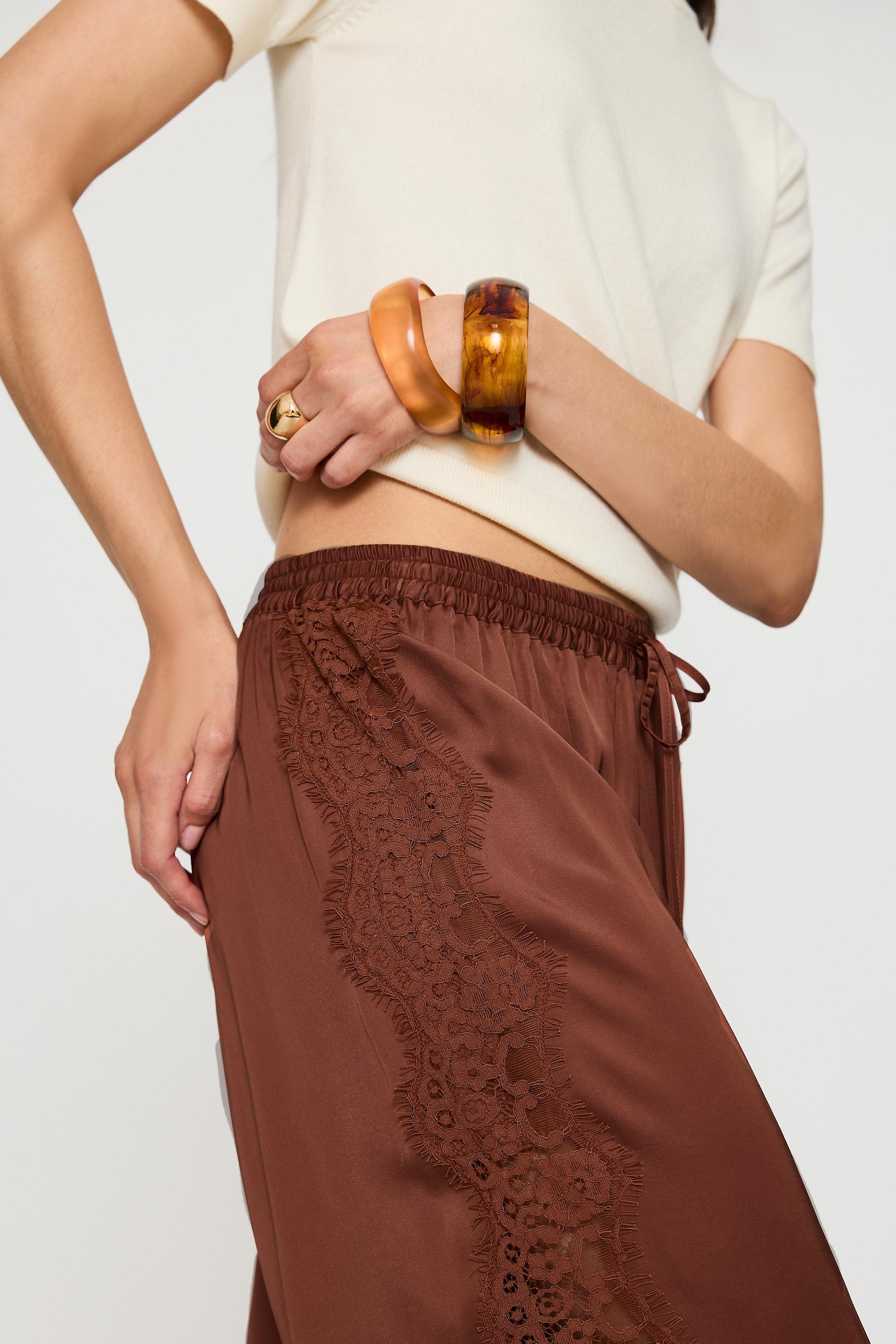 By Anthropologie Satin Lace Wide-Leg Trousers,Multicolour, Orange, large image number 5