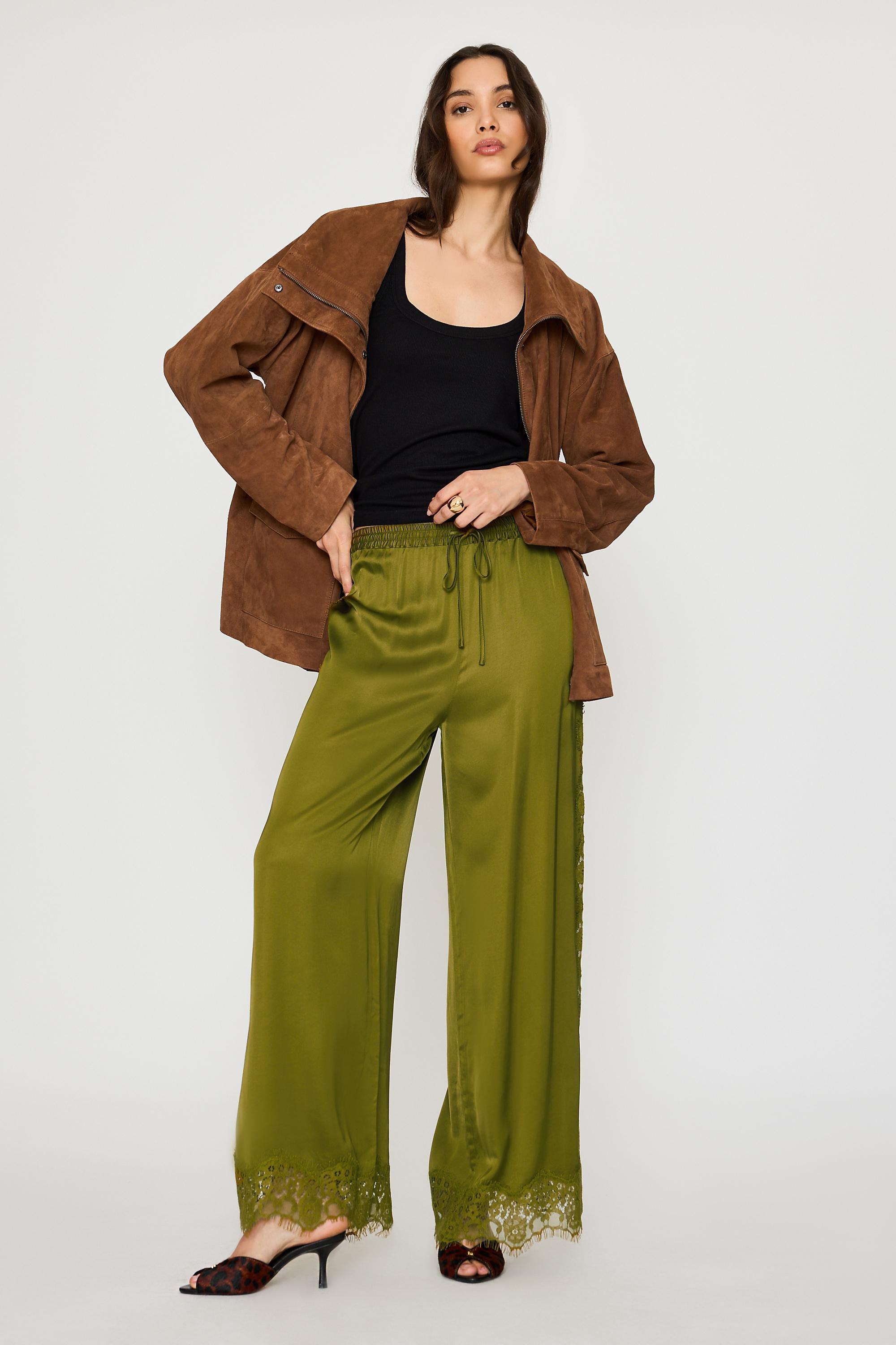 By Anthropologie Satin Lace Wide-Leg Trousers, Green, Green, medium