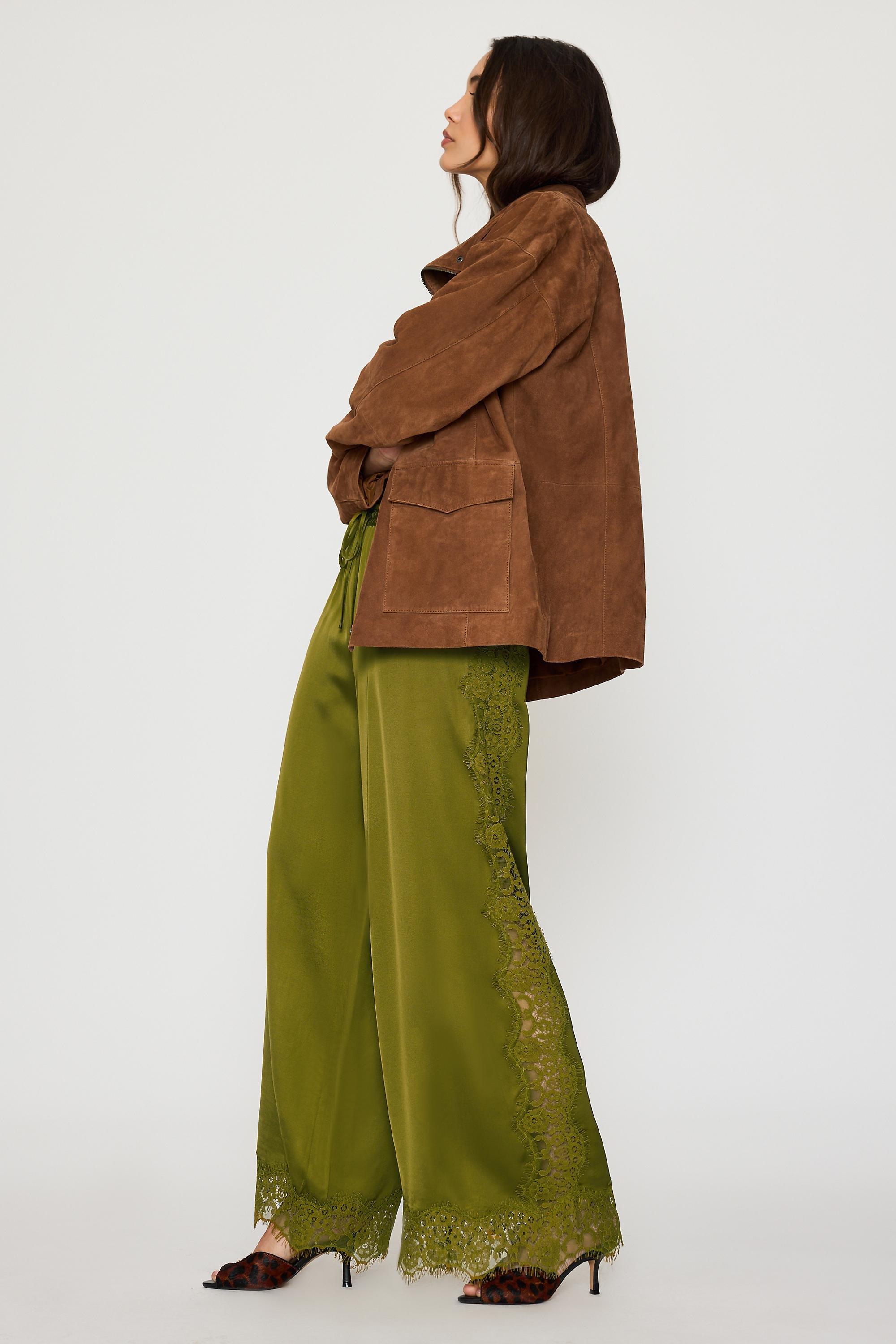 By Anthropologie Satin Lace Wide-Leg Trousers, Green, Green, medium