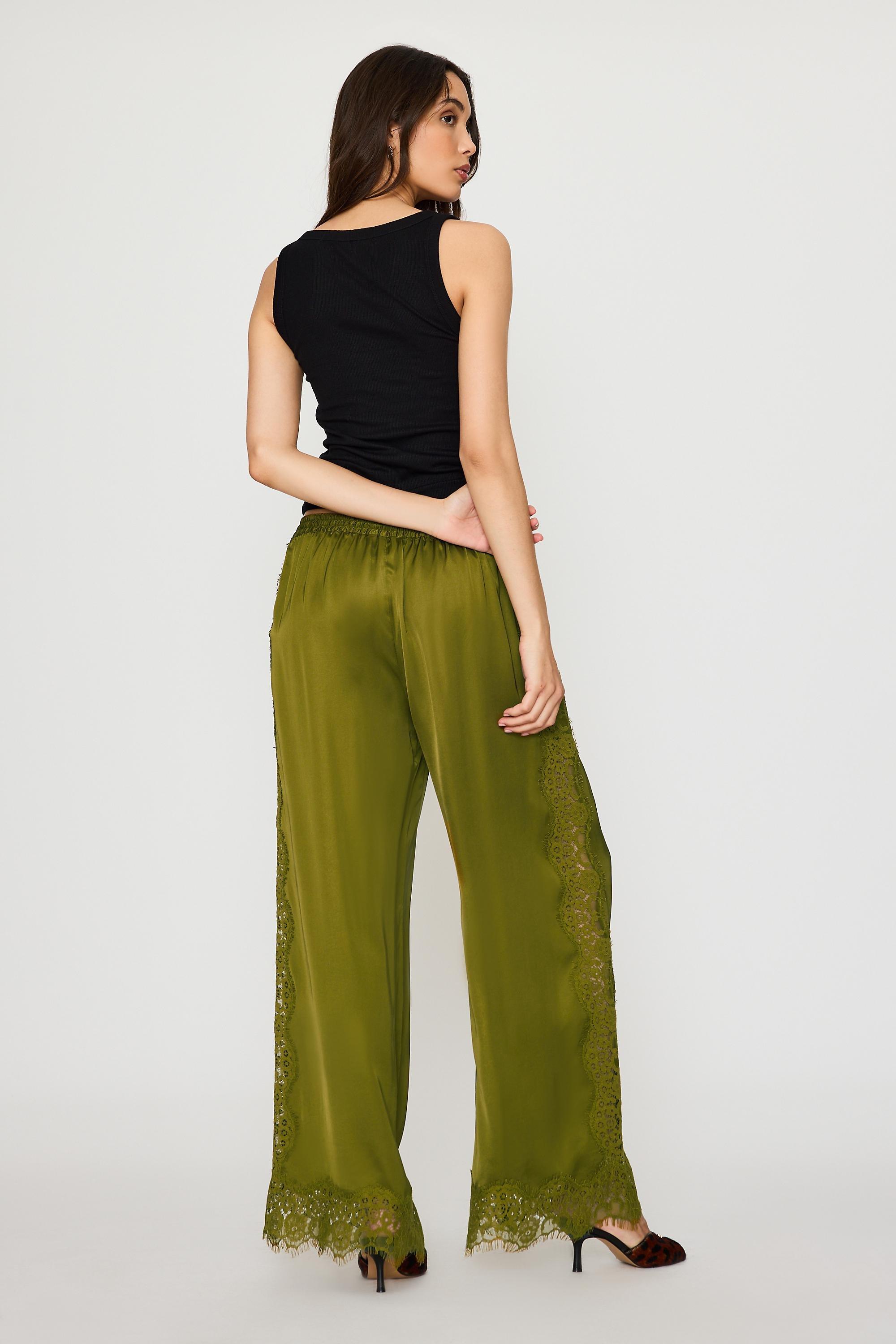 By Anthropologie Satin Lace Wide-Leg Trousers, Green, Green, large image number 2