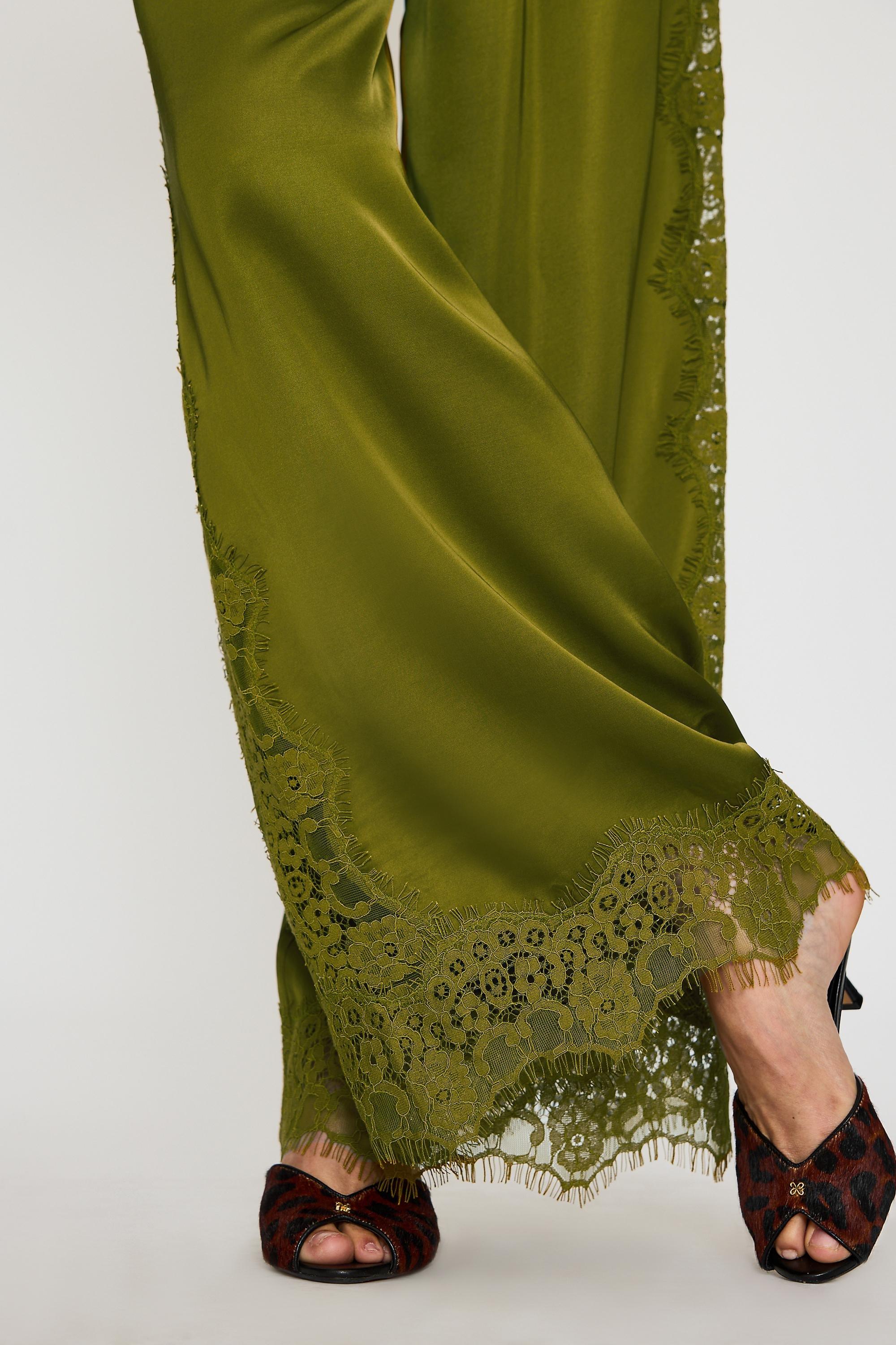 By Anthropologie Satin Lace Wide-Leg Trousers, Green, Green, large image number 4